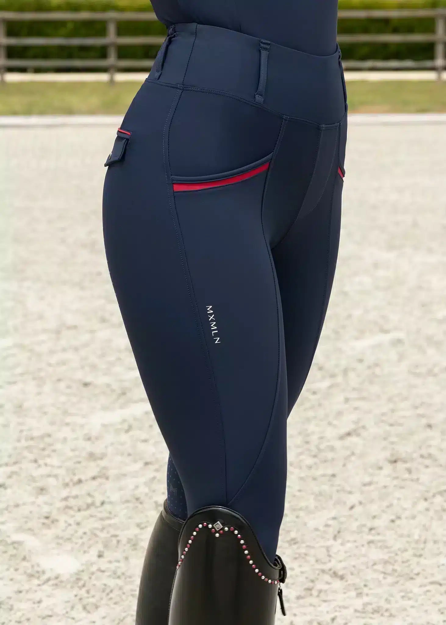 Maximilian Equestrian Pro Riding Leggings Navy/Red by Maximilian Equestrian at Try a Bit