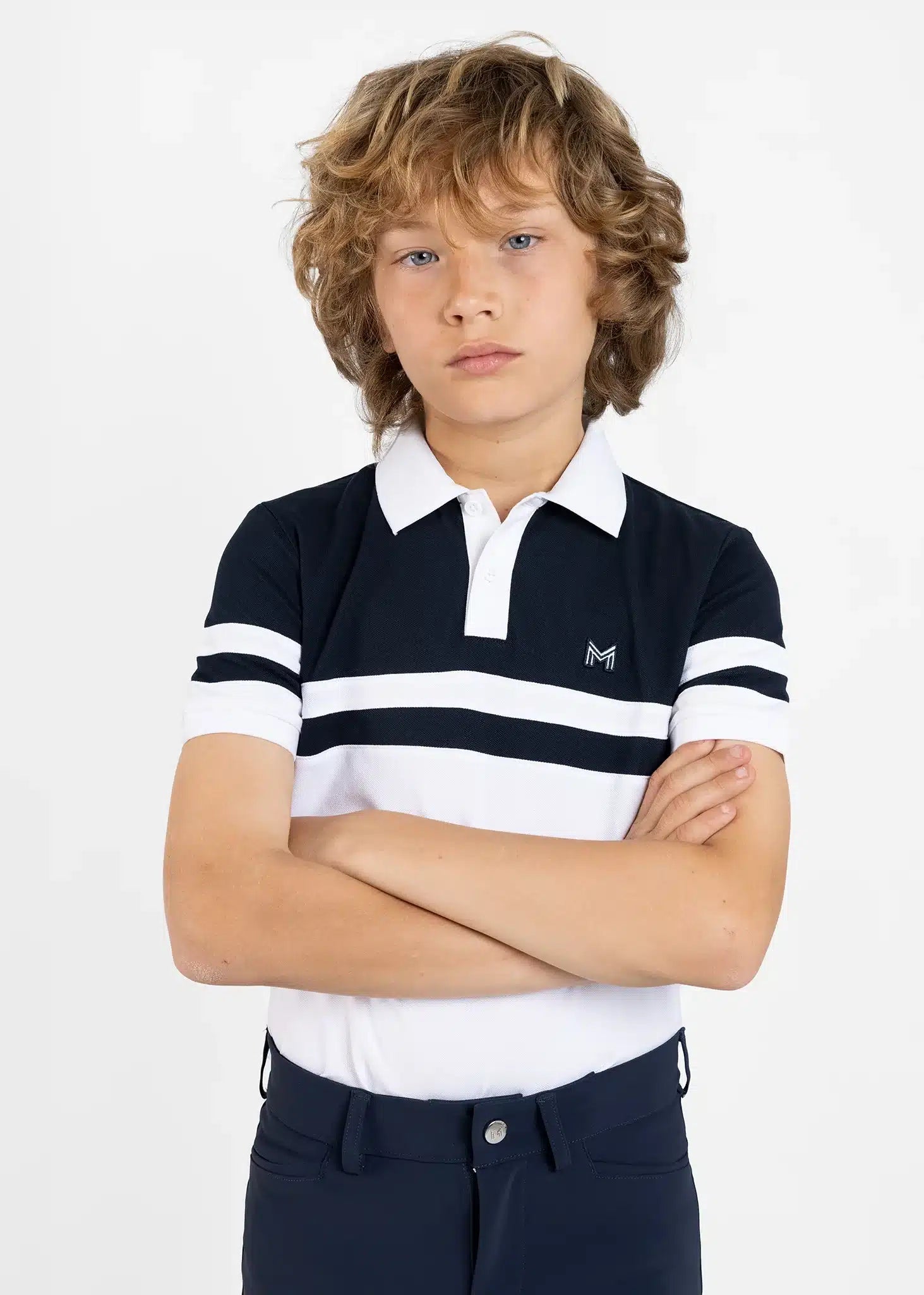Maximilian Equestrian YR Glee Polo Shirt (White/Navy) by Maximilian Equestrian at  Try a Bit