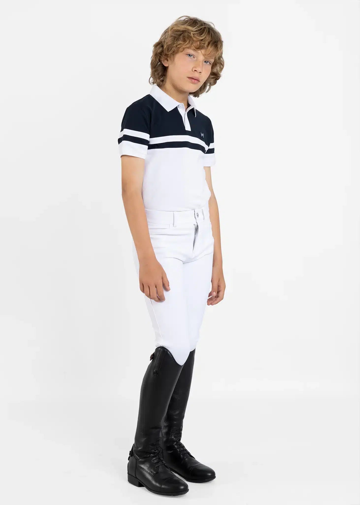 Maximilian Equestrian YR Glee Polo Shirt (White/Navy) by Maximilian Equestrian at  Try a Bit