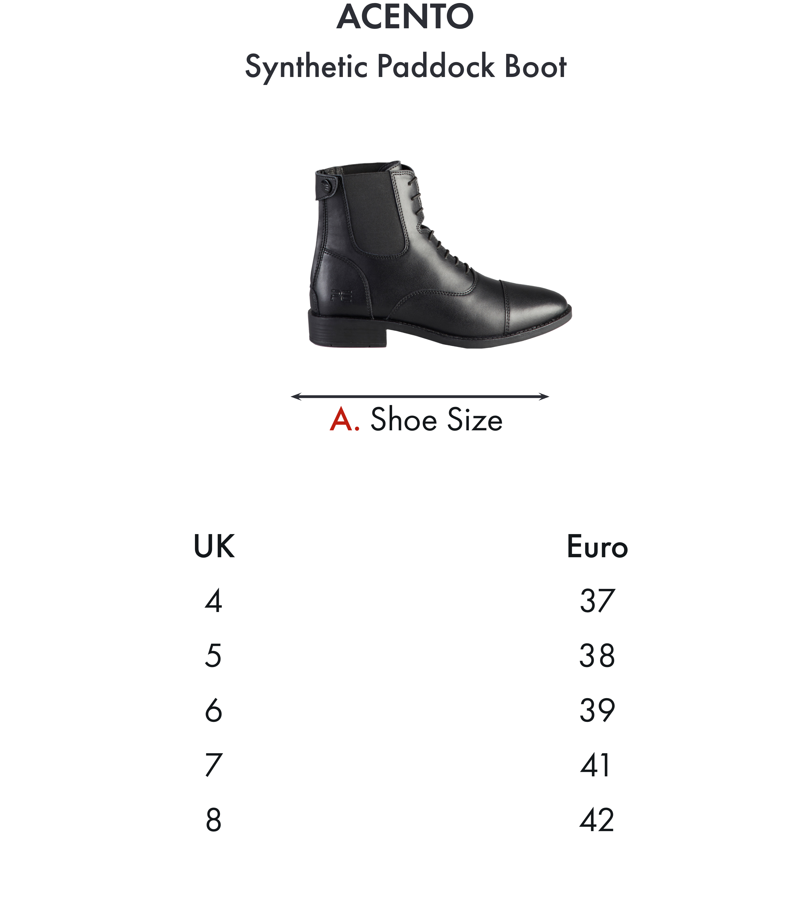 Premier Equine Acento Synthetic Paddock Boot – Size chart