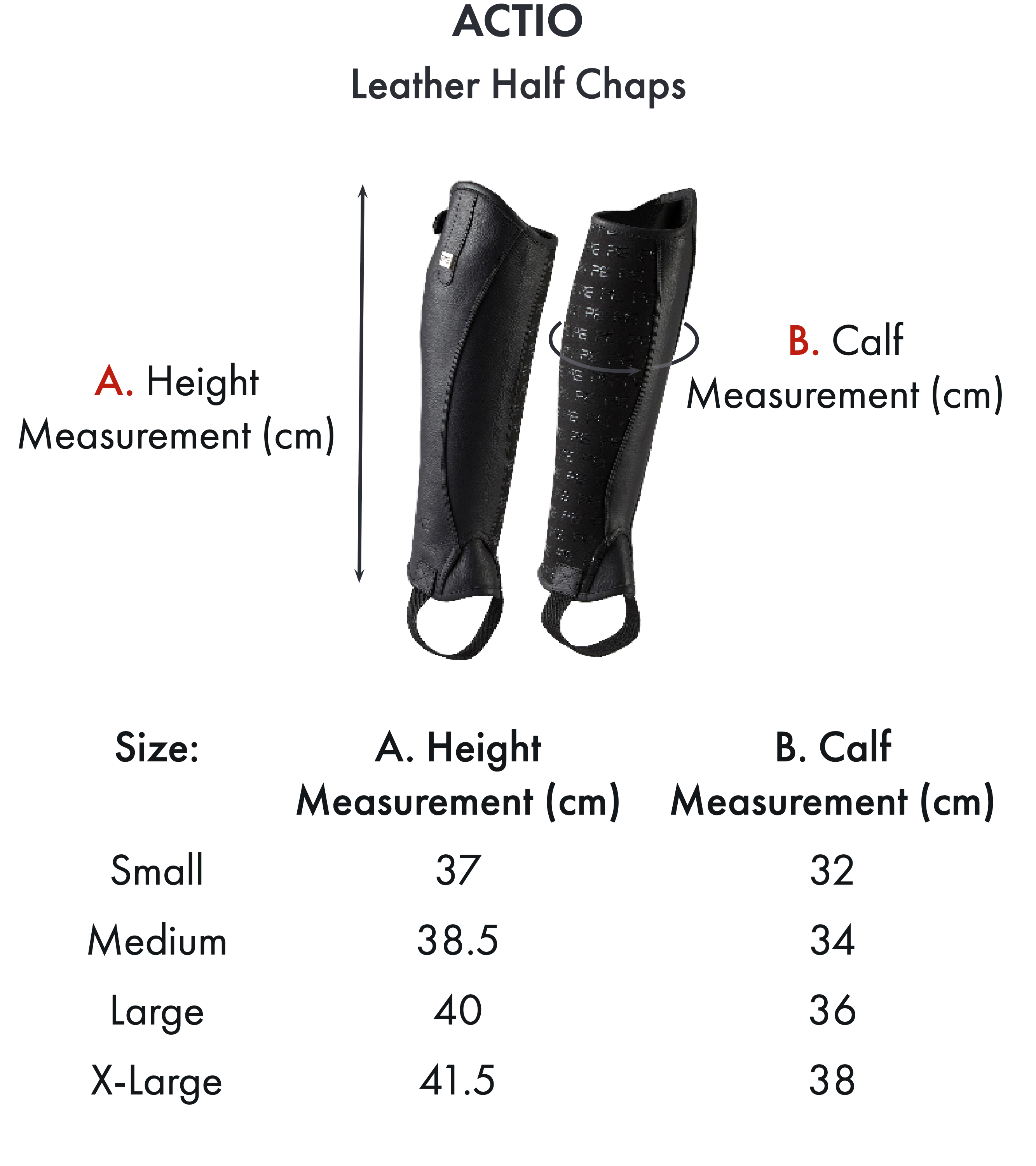Premier Equine Actio Leather Half Chaps – Size chart