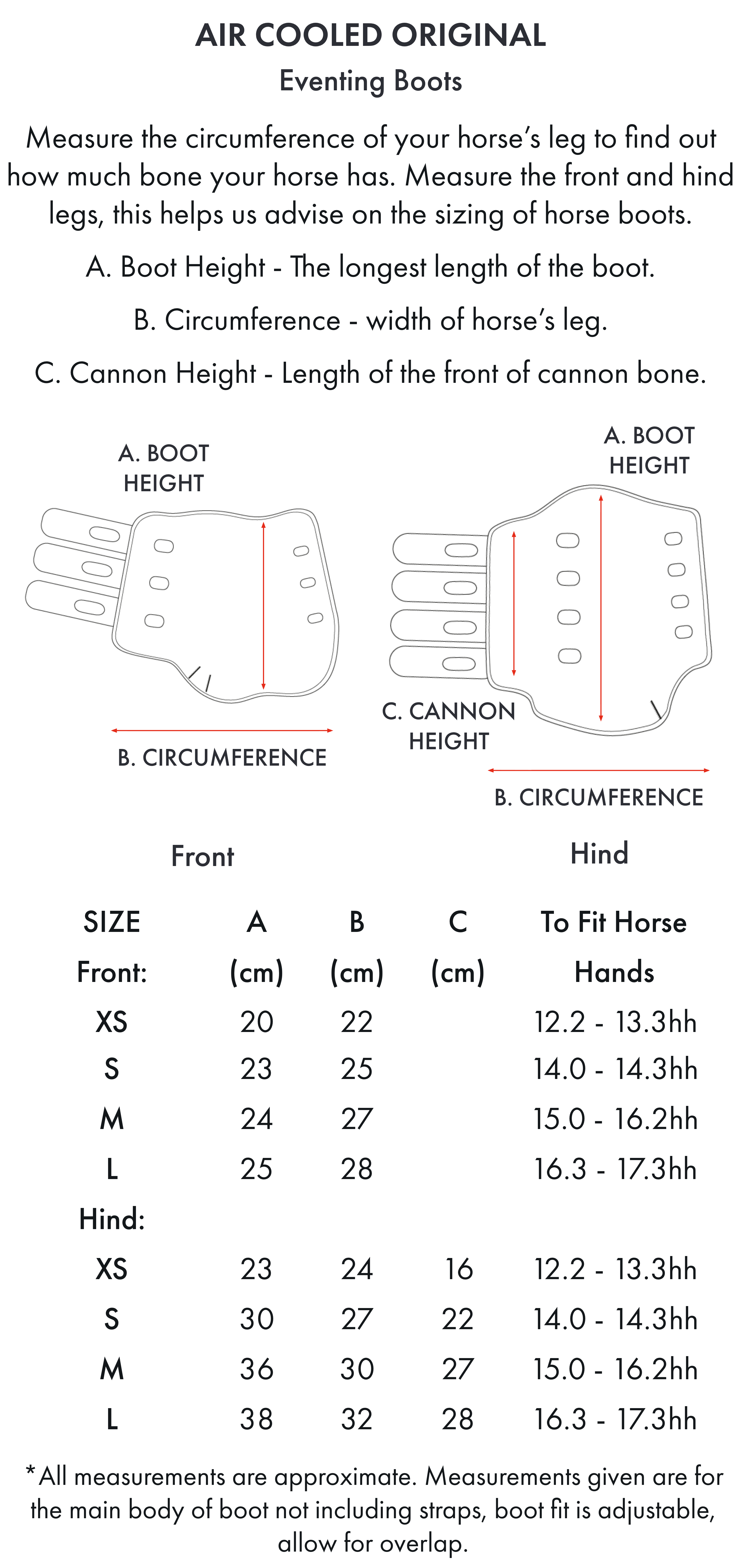 Premier Equine Air Cooled Original Eventing Boots - Front – Size chart