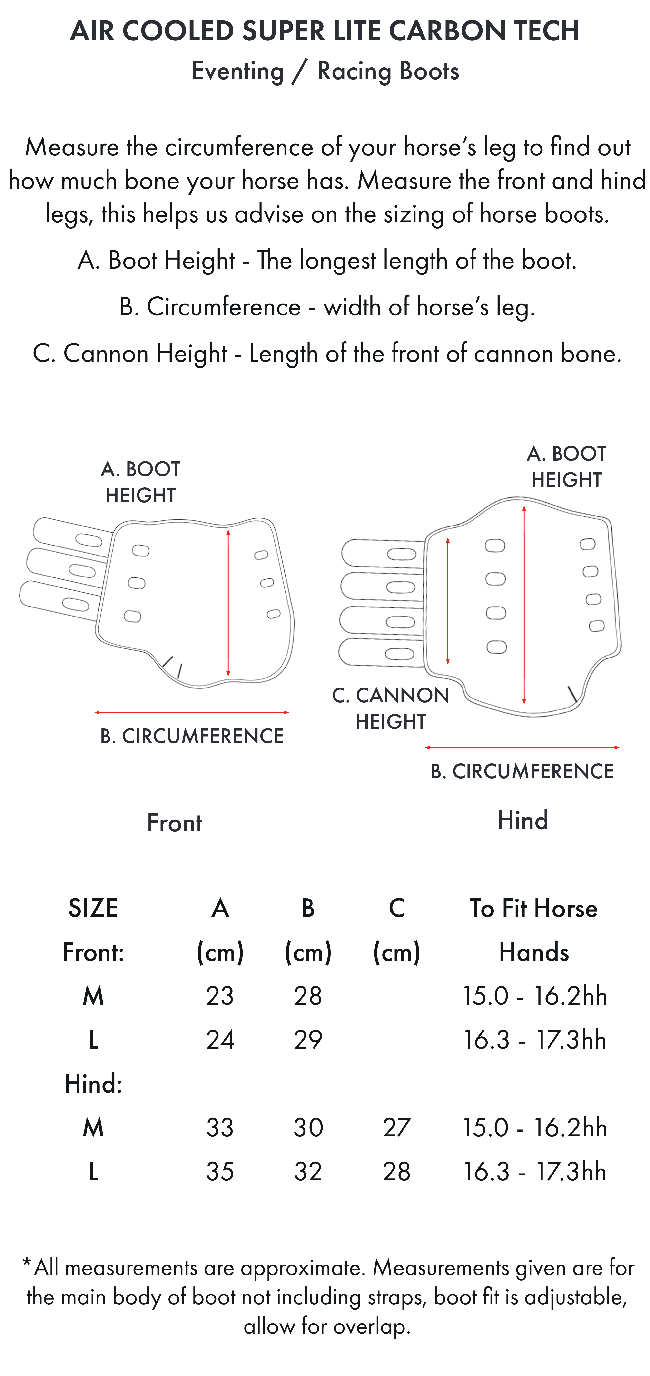 Premier Equine Air Cooled Super Lite Carbon Tech Eventing/Racing Boots – Size chart