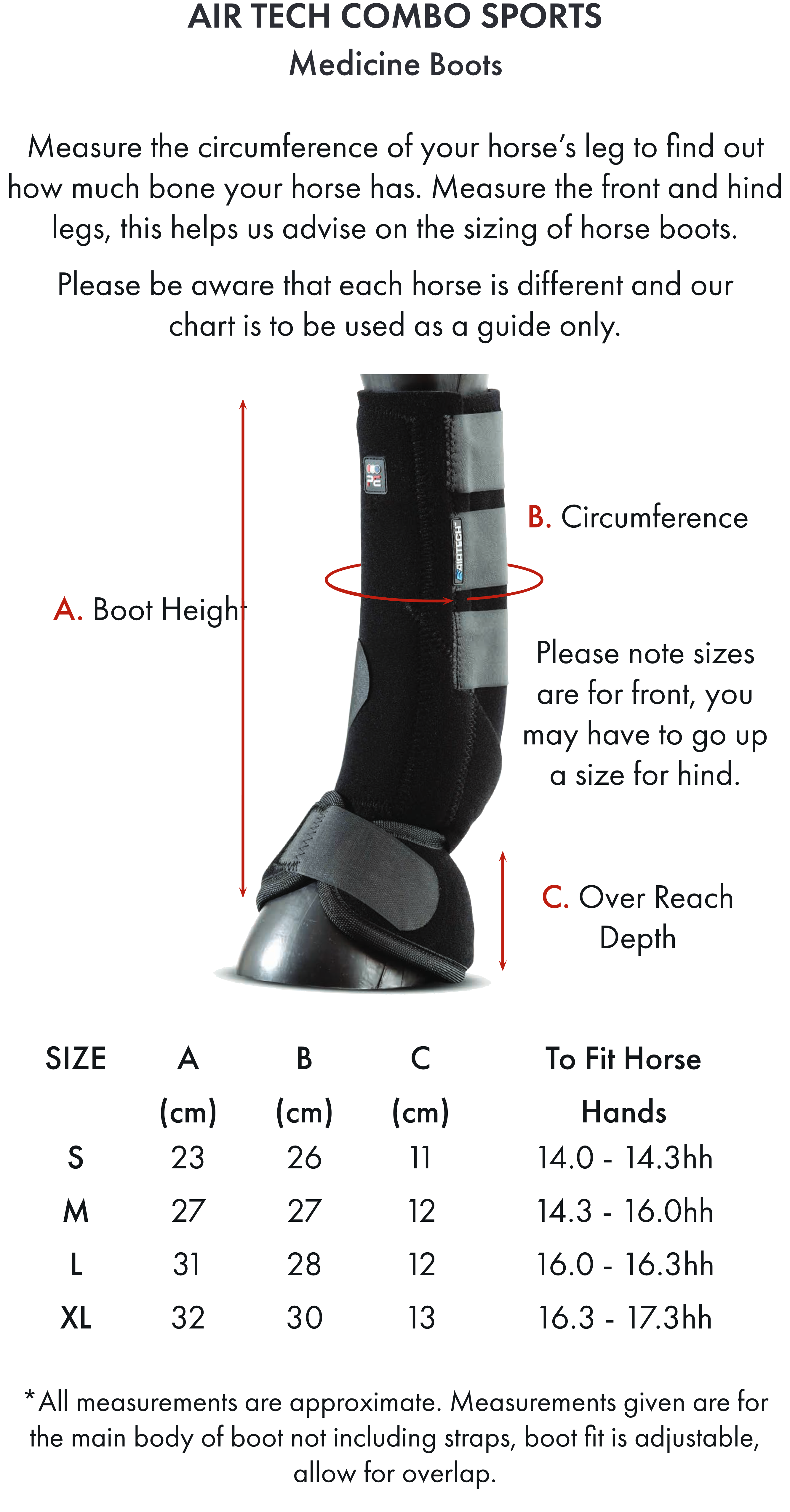 Premier Equine Air-Tech Combo Sports Medicine Boots – Size chart