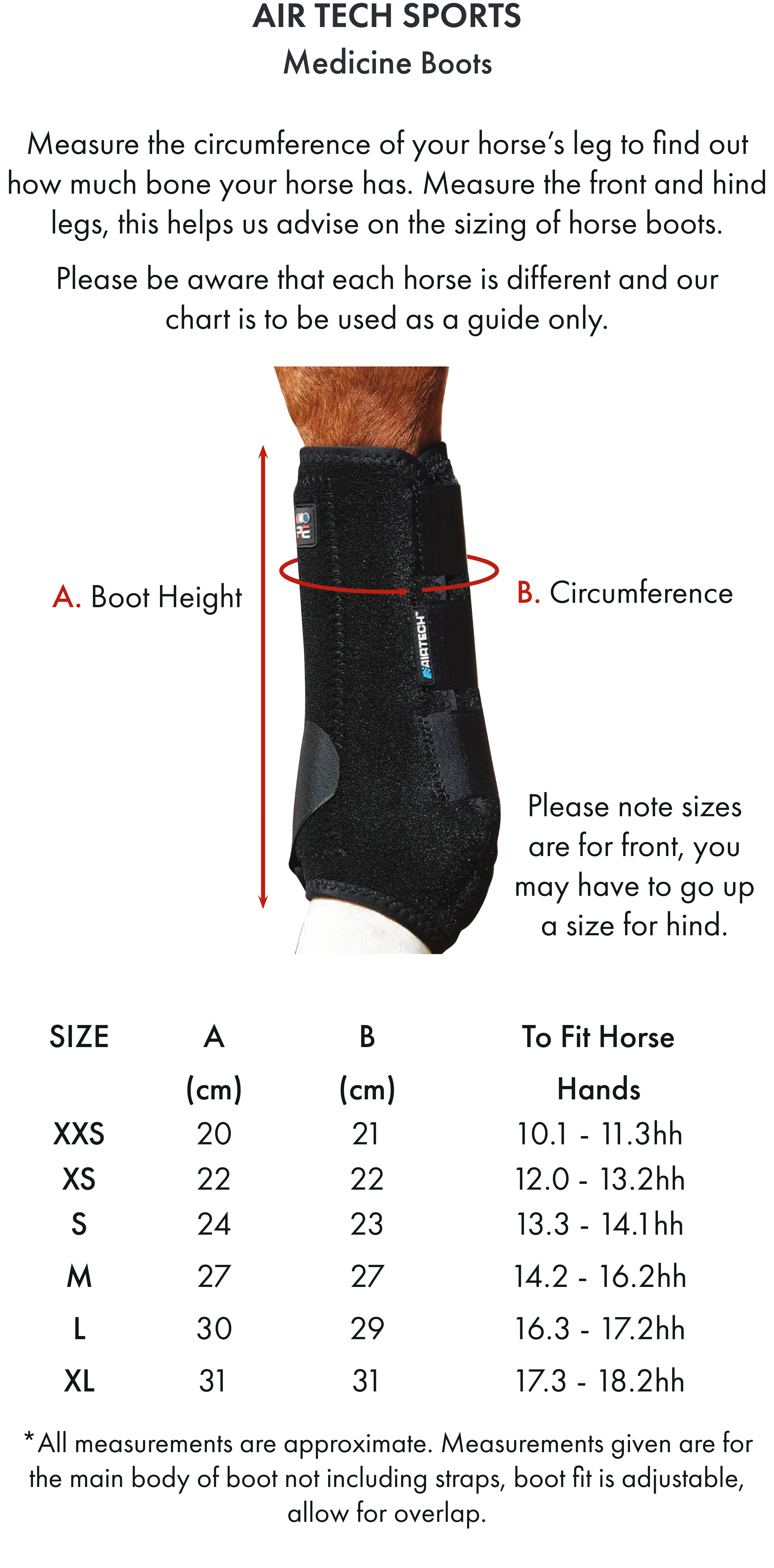 Premier Equine Air-Tech Sports Medicine Boots – Size chart