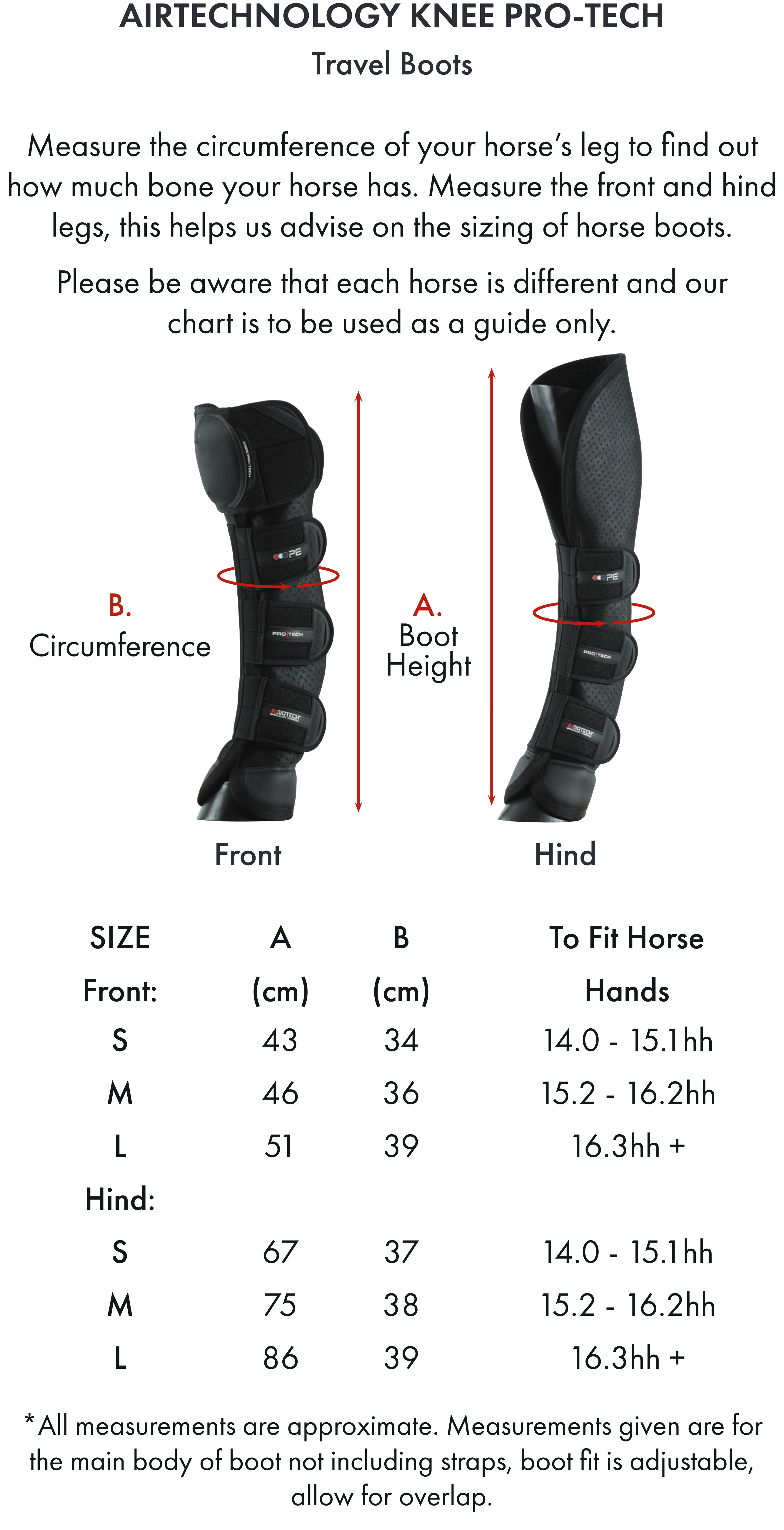 Premier Equine Airtechnology Knee Pro-Tech Horse Travel Boots – Size chart