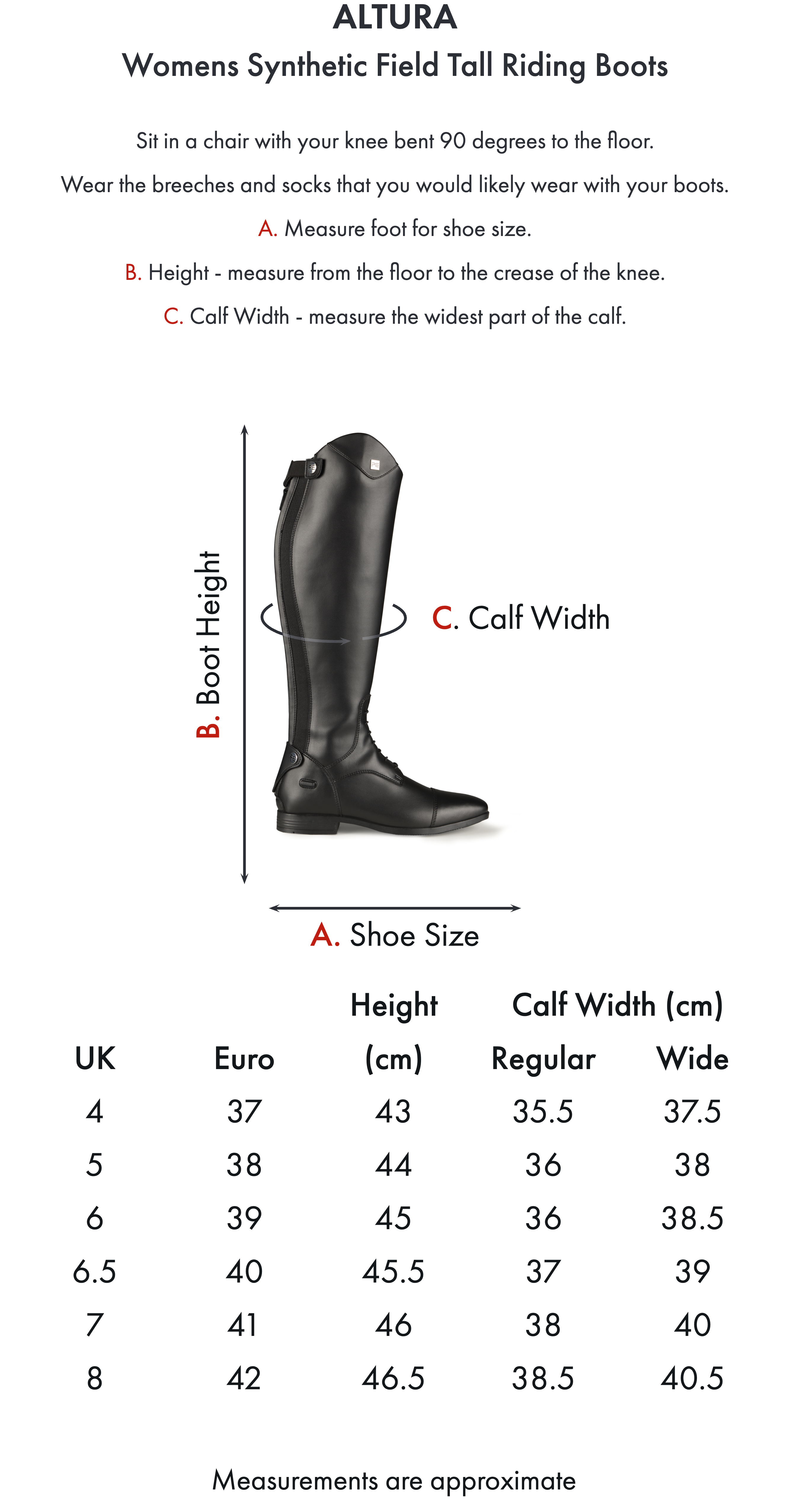 Premier Equine Altura Womens Tall Synthetic Riding Boots – Size chart