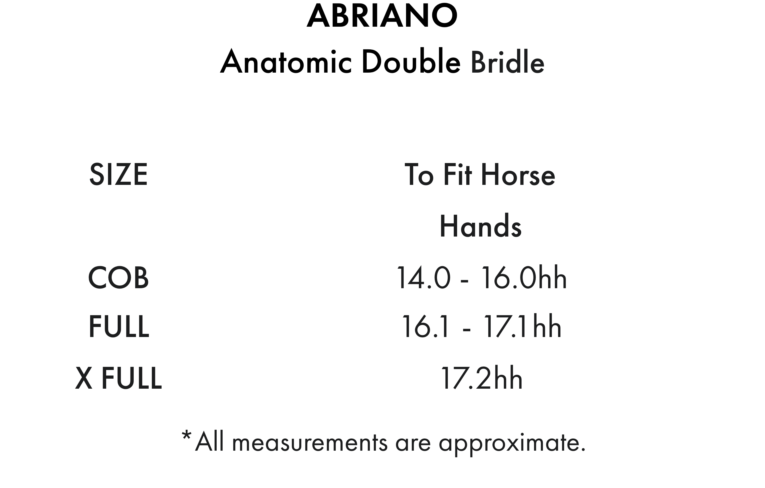 Premier Equine Abriano Anatomic Double Bridle – Size chart