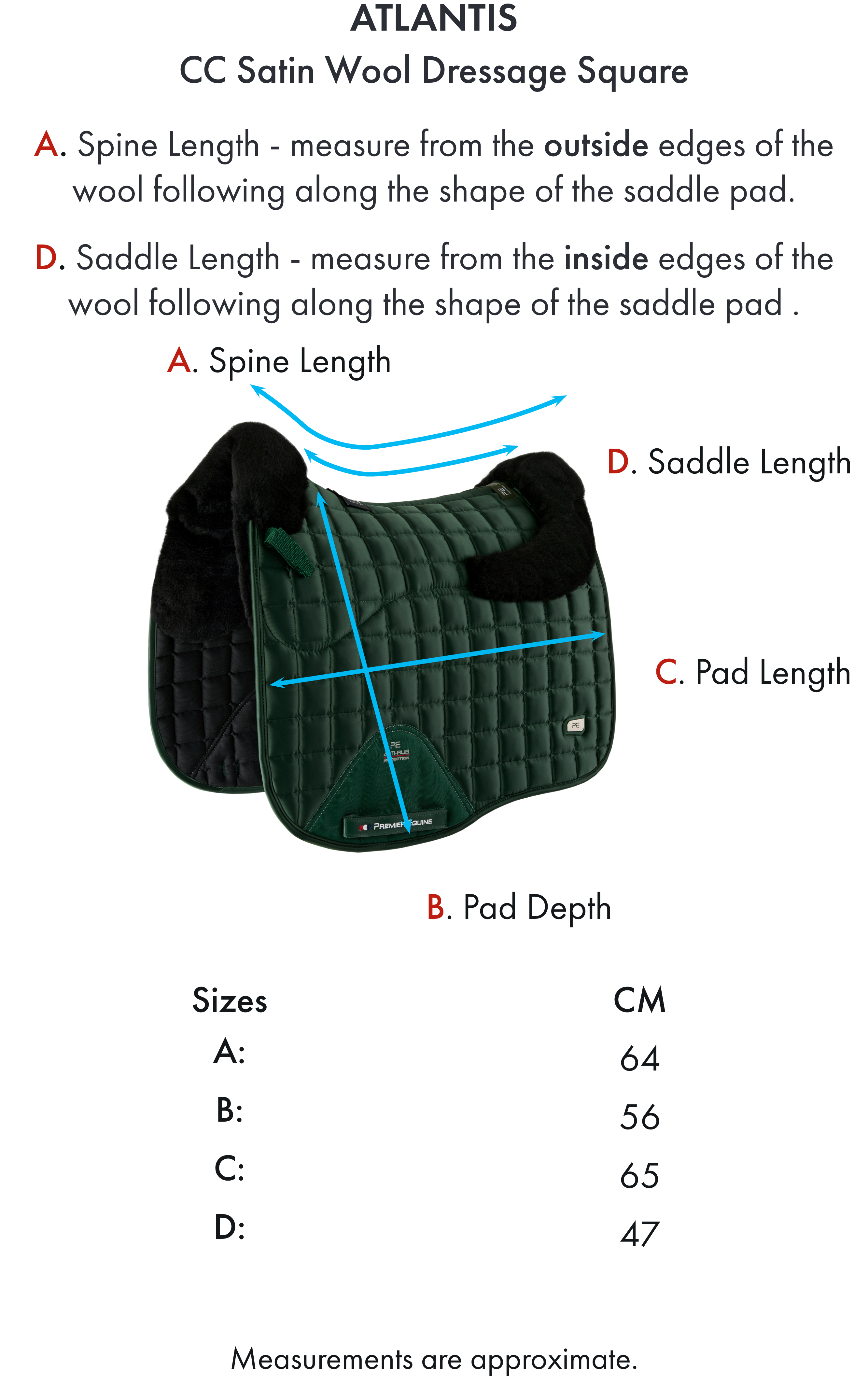 Premier Equine Atlantis CC Satin Wool Dressage Square – Size chart