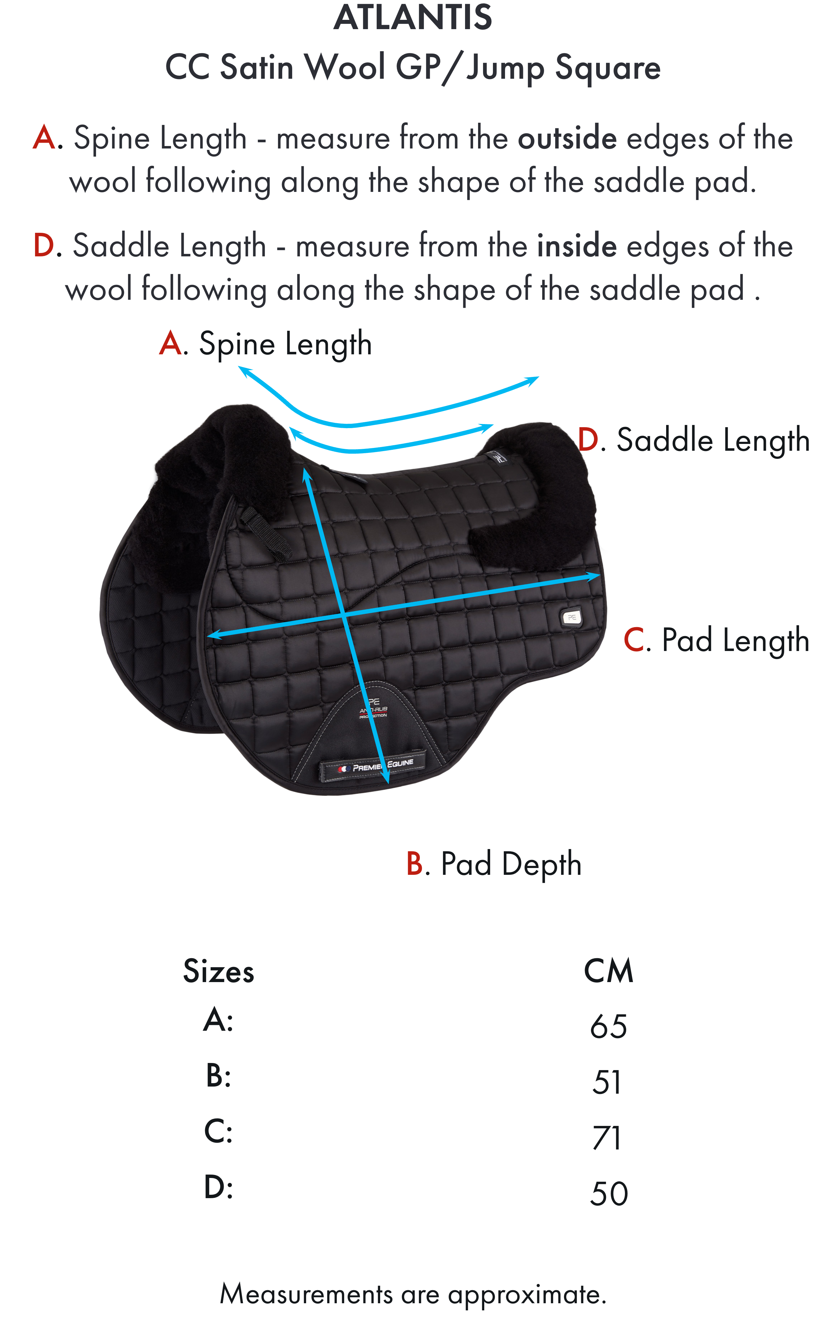 Premier Equine Atlantis CC Satin Wool GP/Jump Square – Size chart