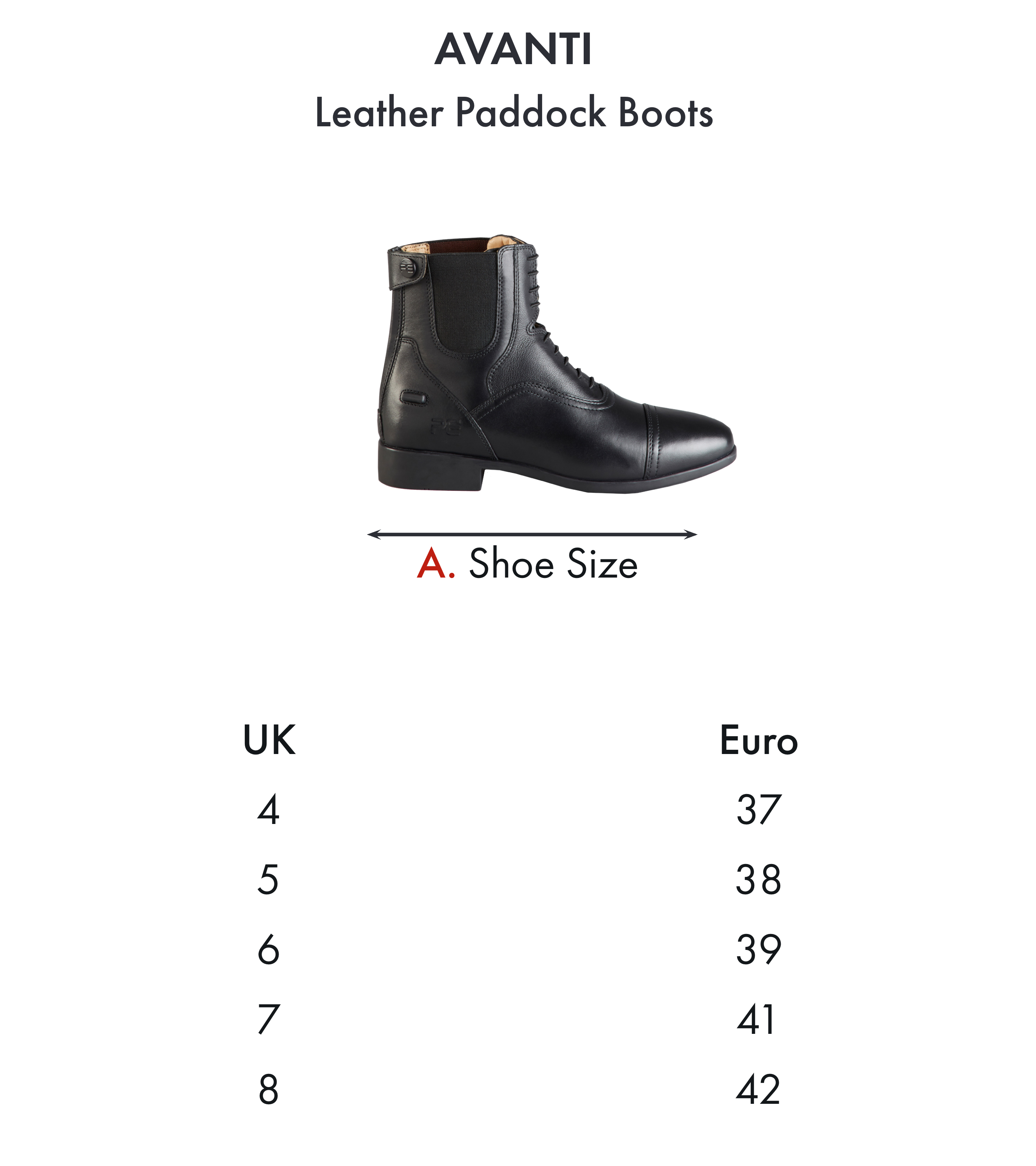 Premier Equine Avanti Leather Paddock Boot – Size chart