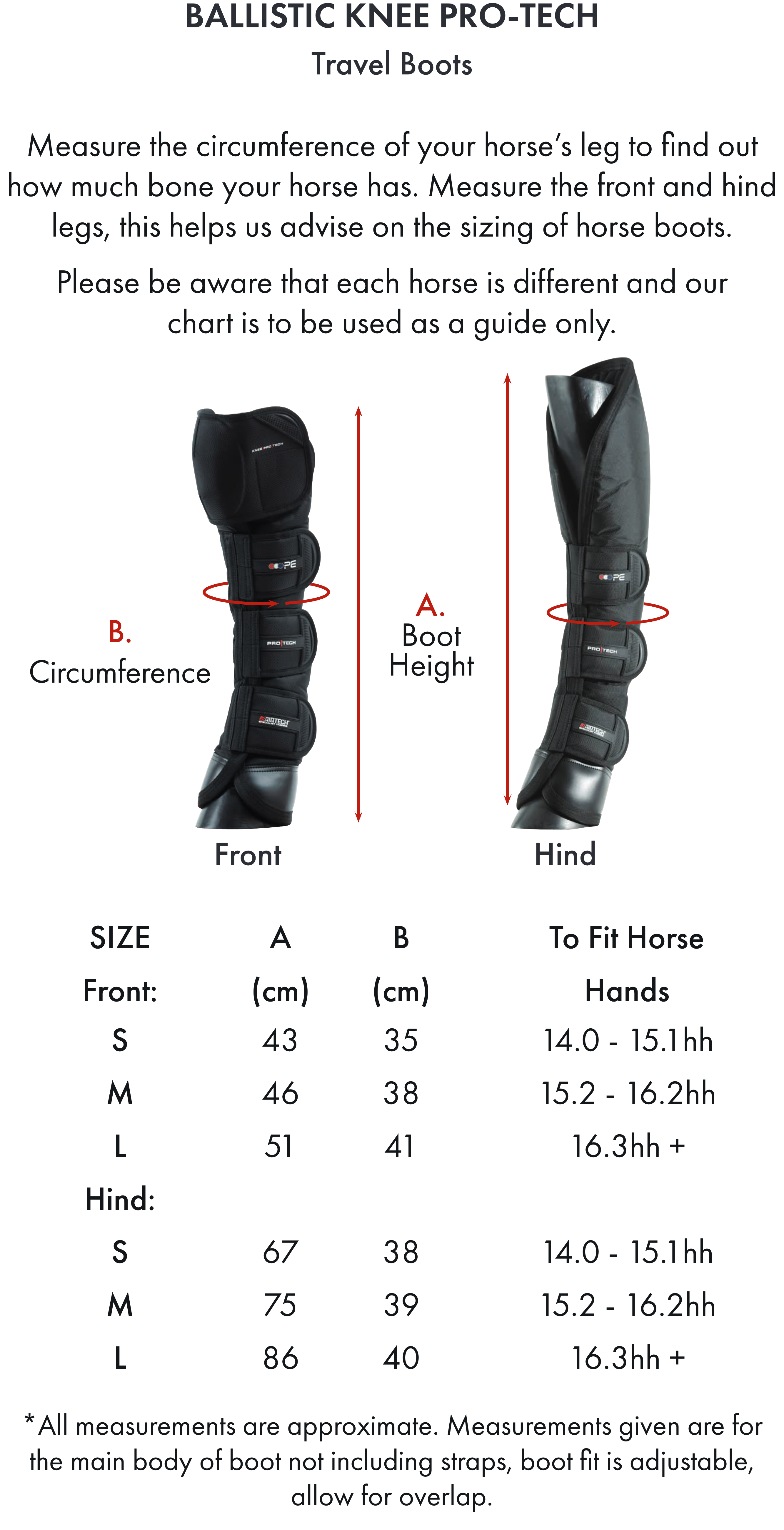 Premier Equine Ballistic Knee Pro-Tech Horse Travel Boots – Size chart