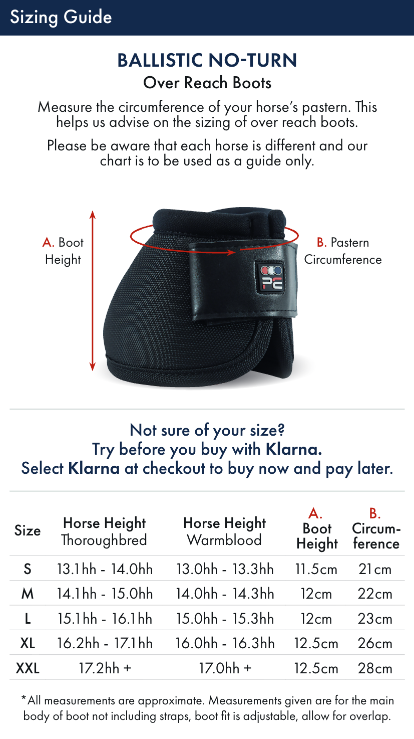 Premier Equine Ballistic No-Turn Over Reach Boots – Size chart