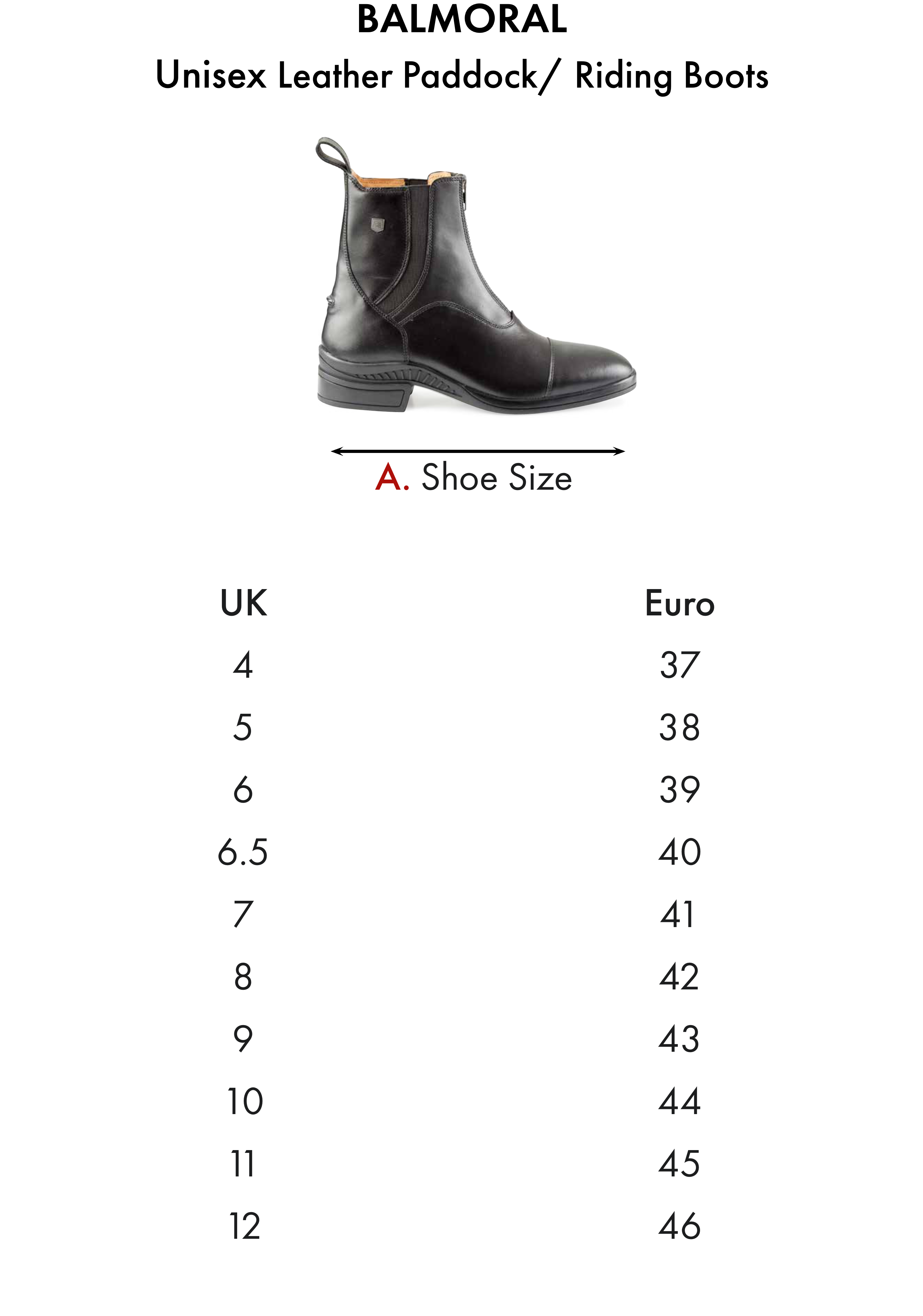Premier Equine Balmoral Leather Paddock/Riding Boot – Size chart