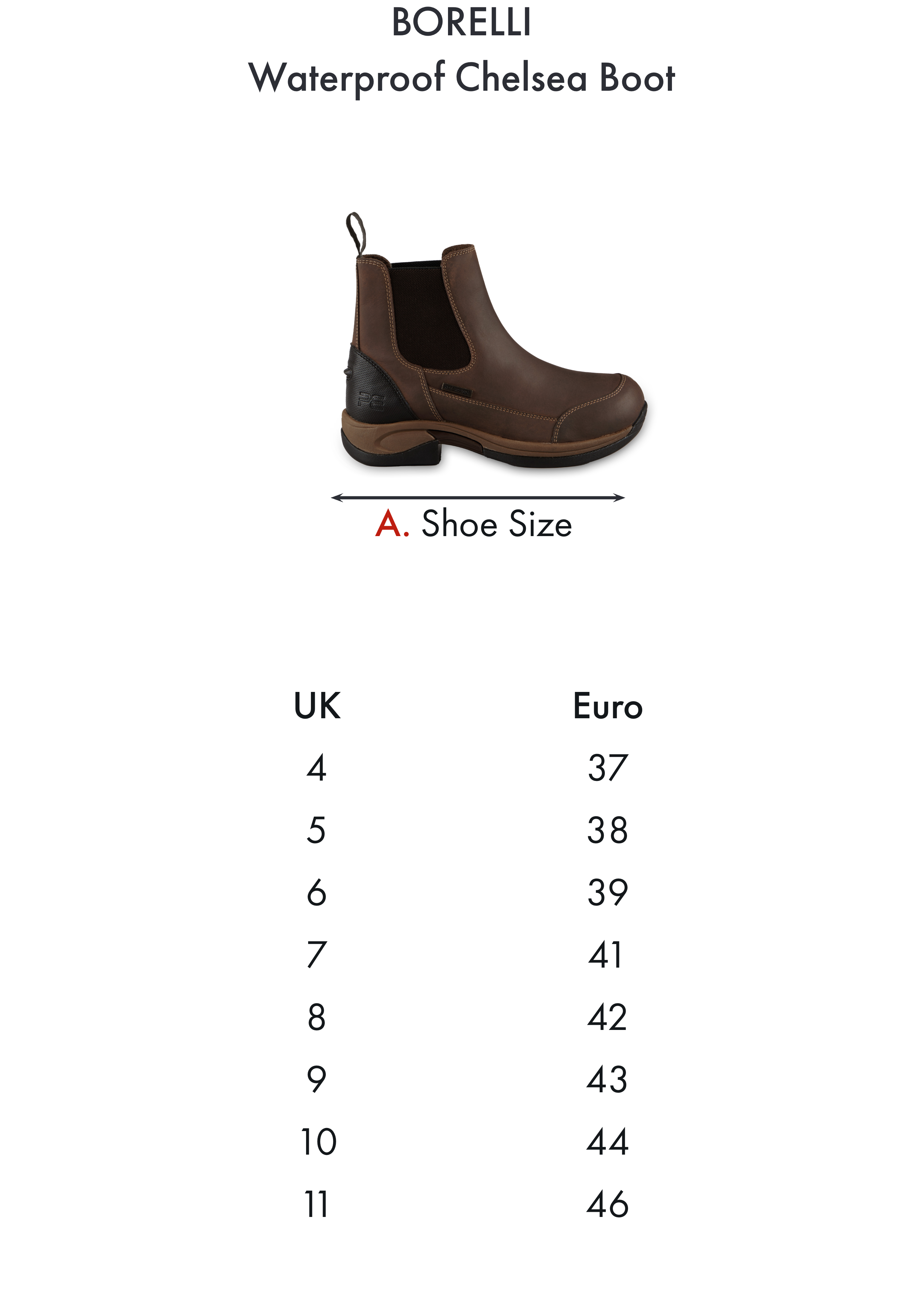 Premier Equine Borelli Waterproof Chelsea Boot Brown – Size chart