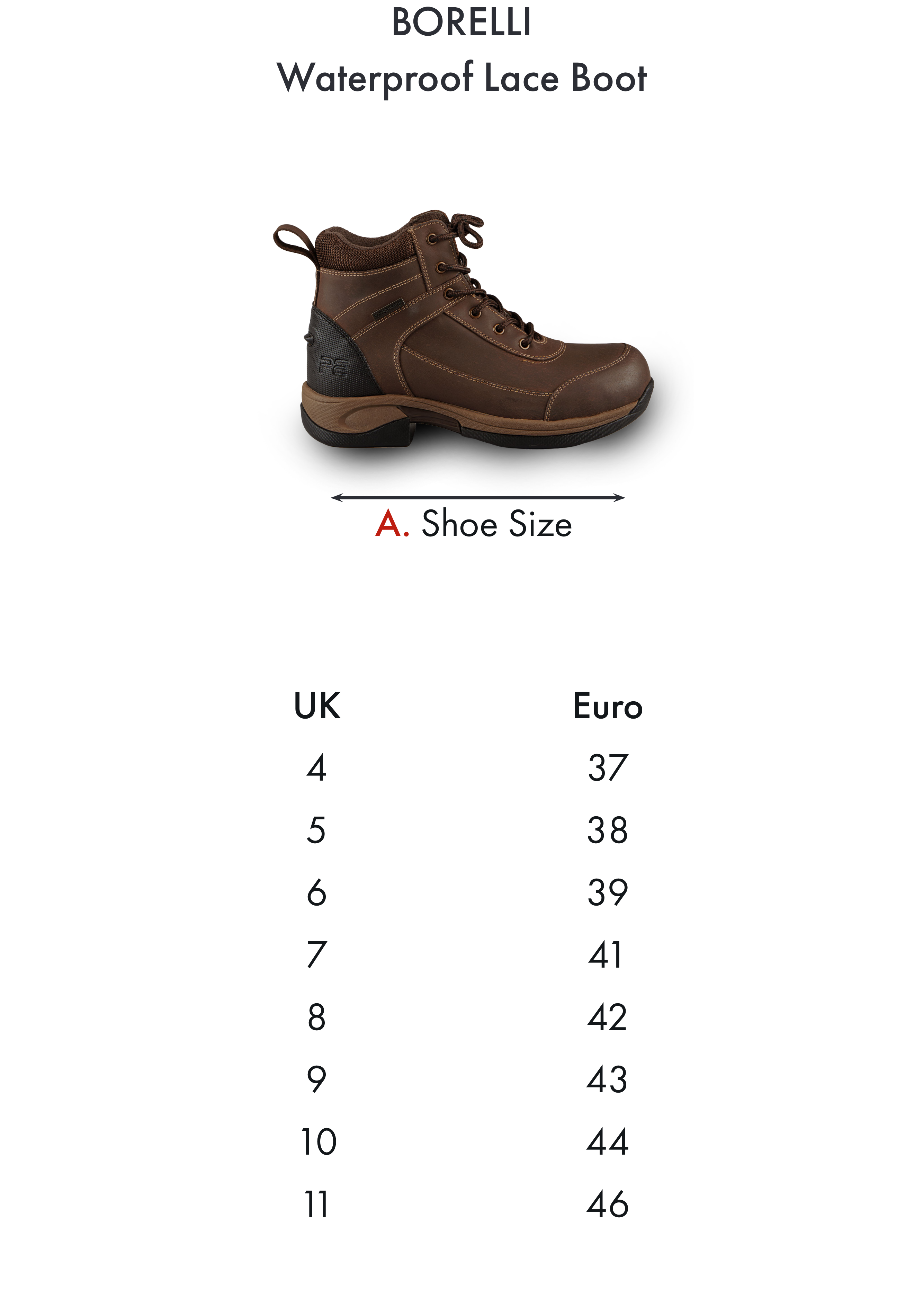 Premier Equine Borelli Waterproof Laced Boot Brown – Size chart