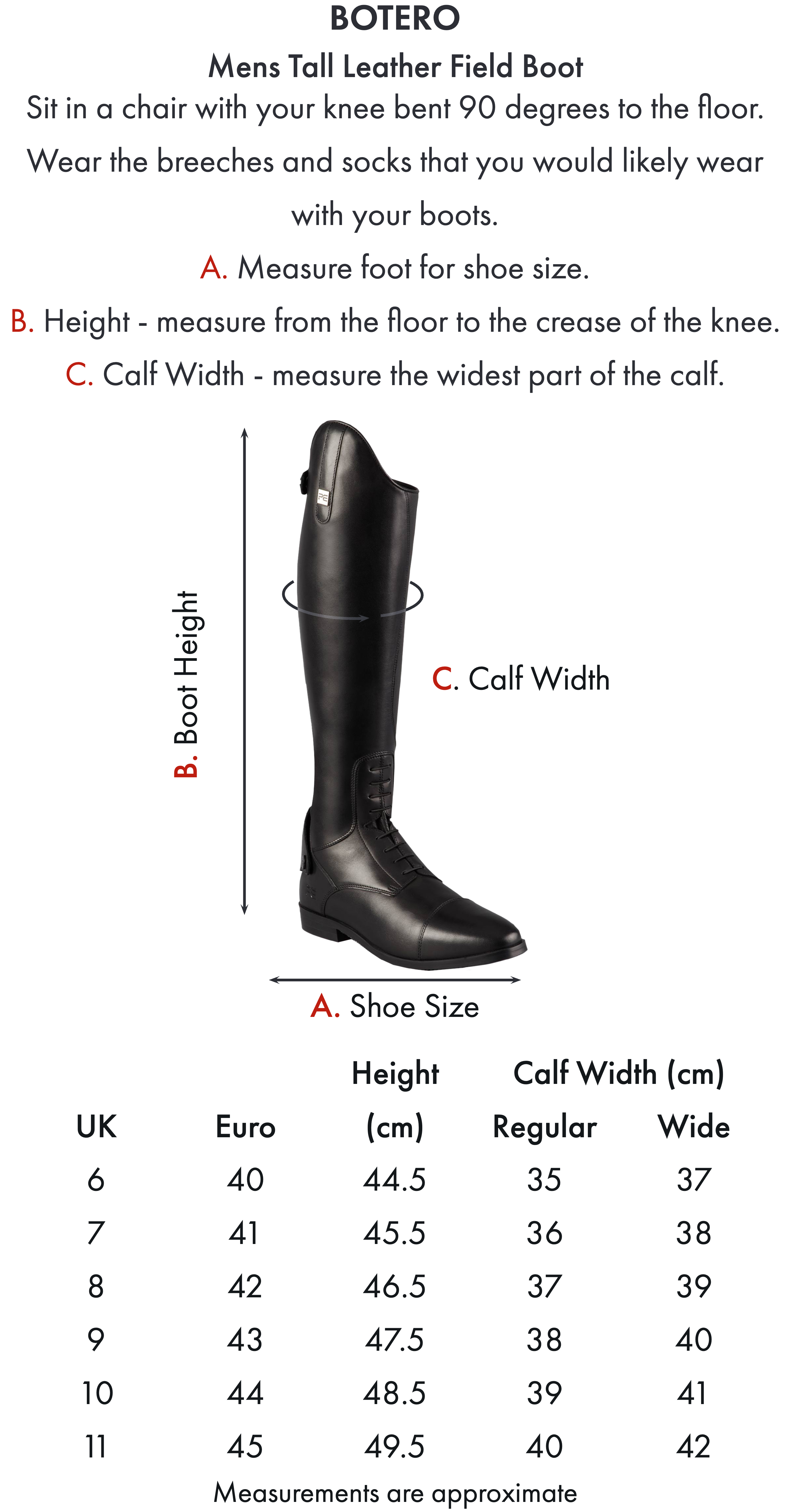 Premier Equine Botero Mens Tall Leather Field Boot – Size chart