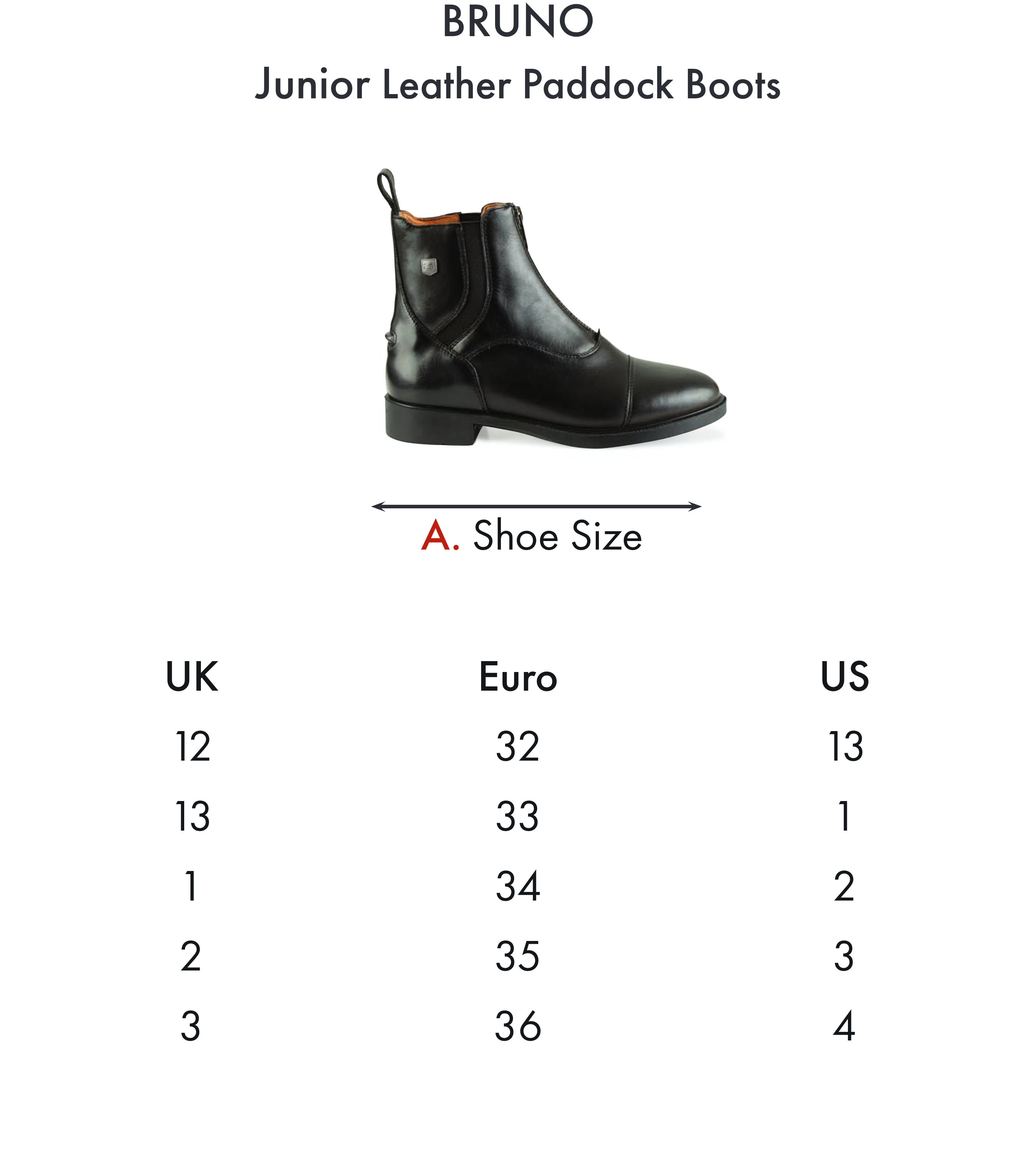 Premier Equine Bruno Junior Leather Paddock Boot – Size chart