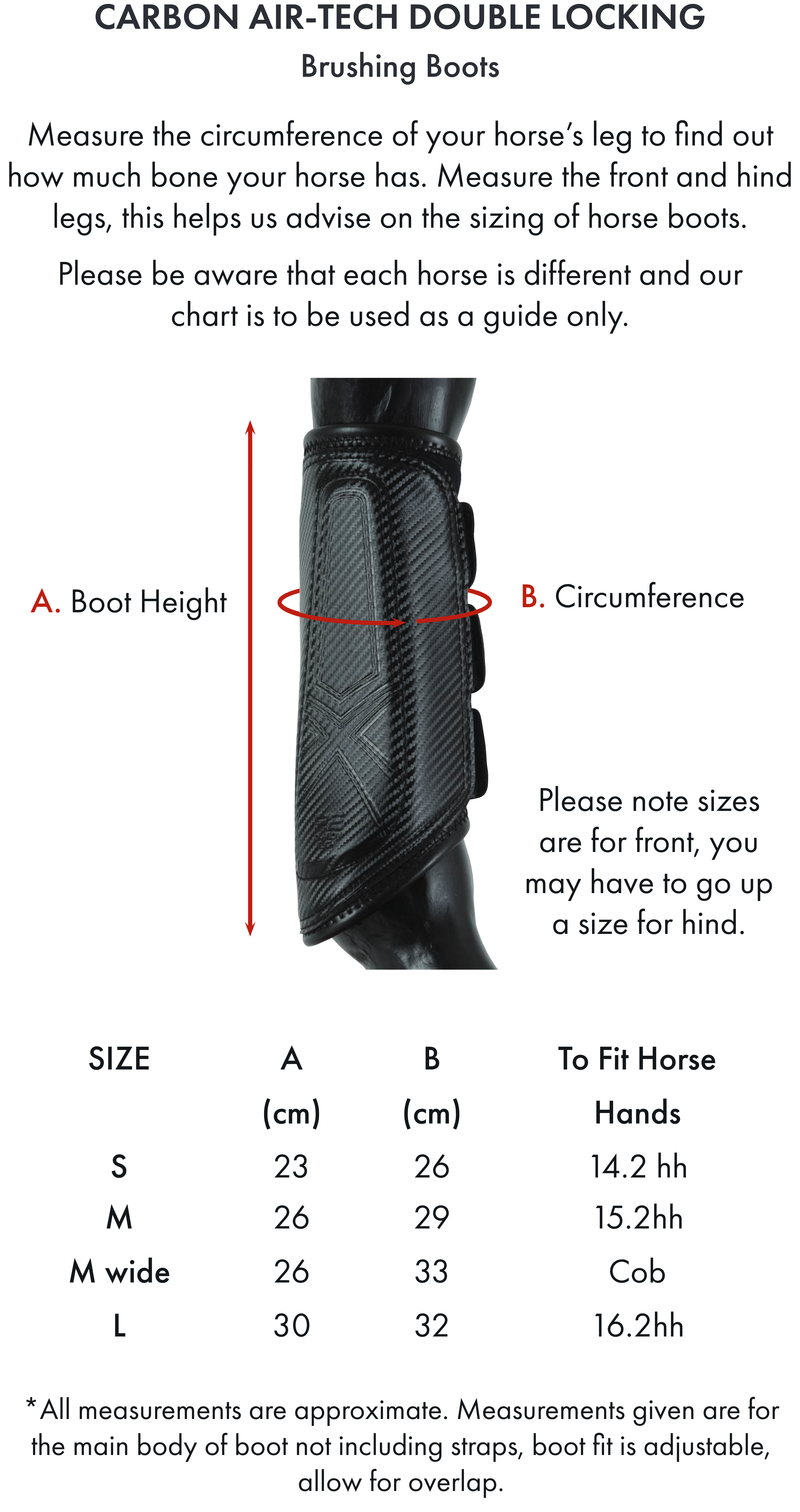 Premier Equine Carbon Air-Tech Double Locking Brushing Boots – Size chart