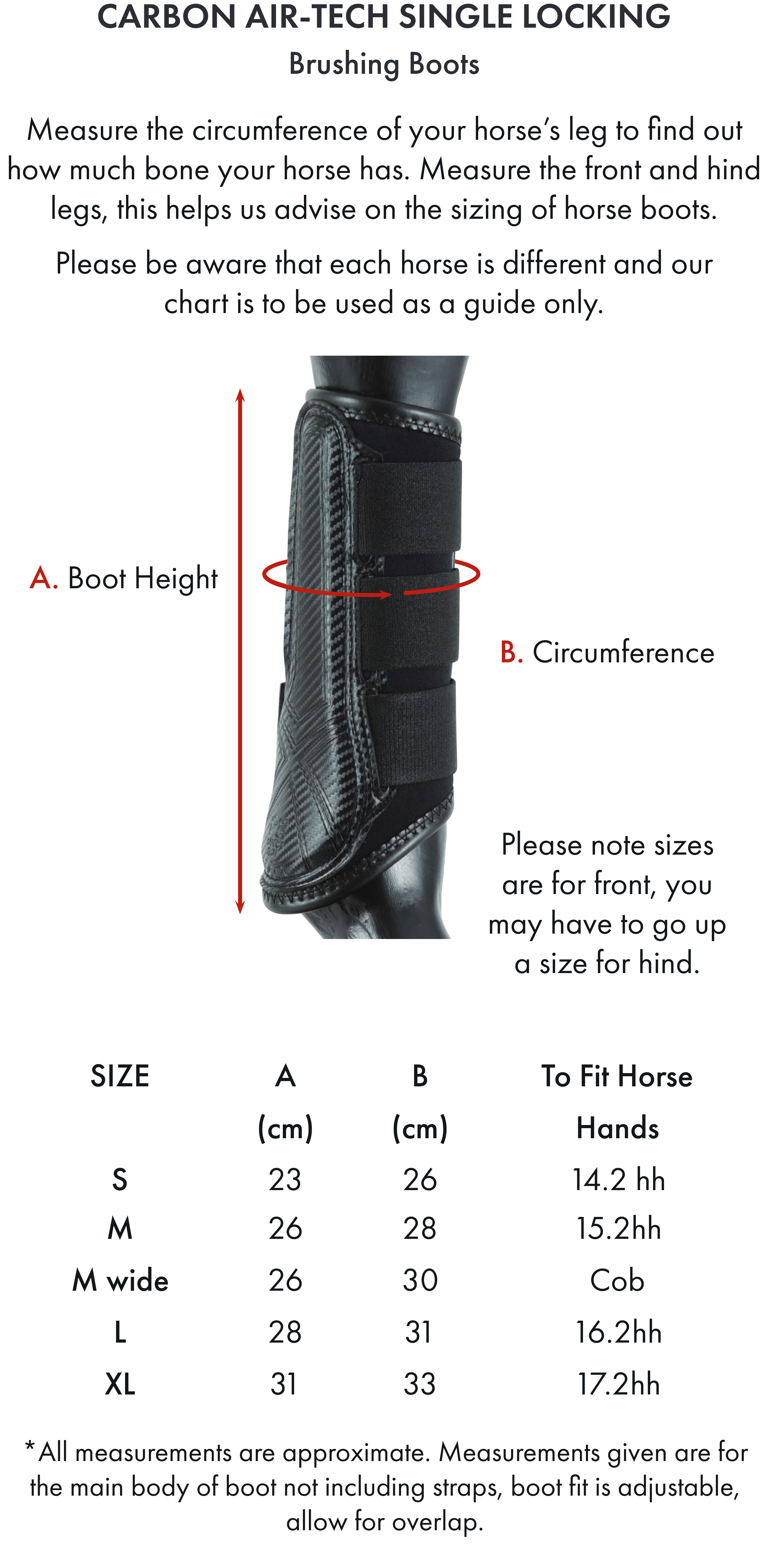 Premier Equine Carbon Air-Tech Single Locking Brushing Boots – Size chart