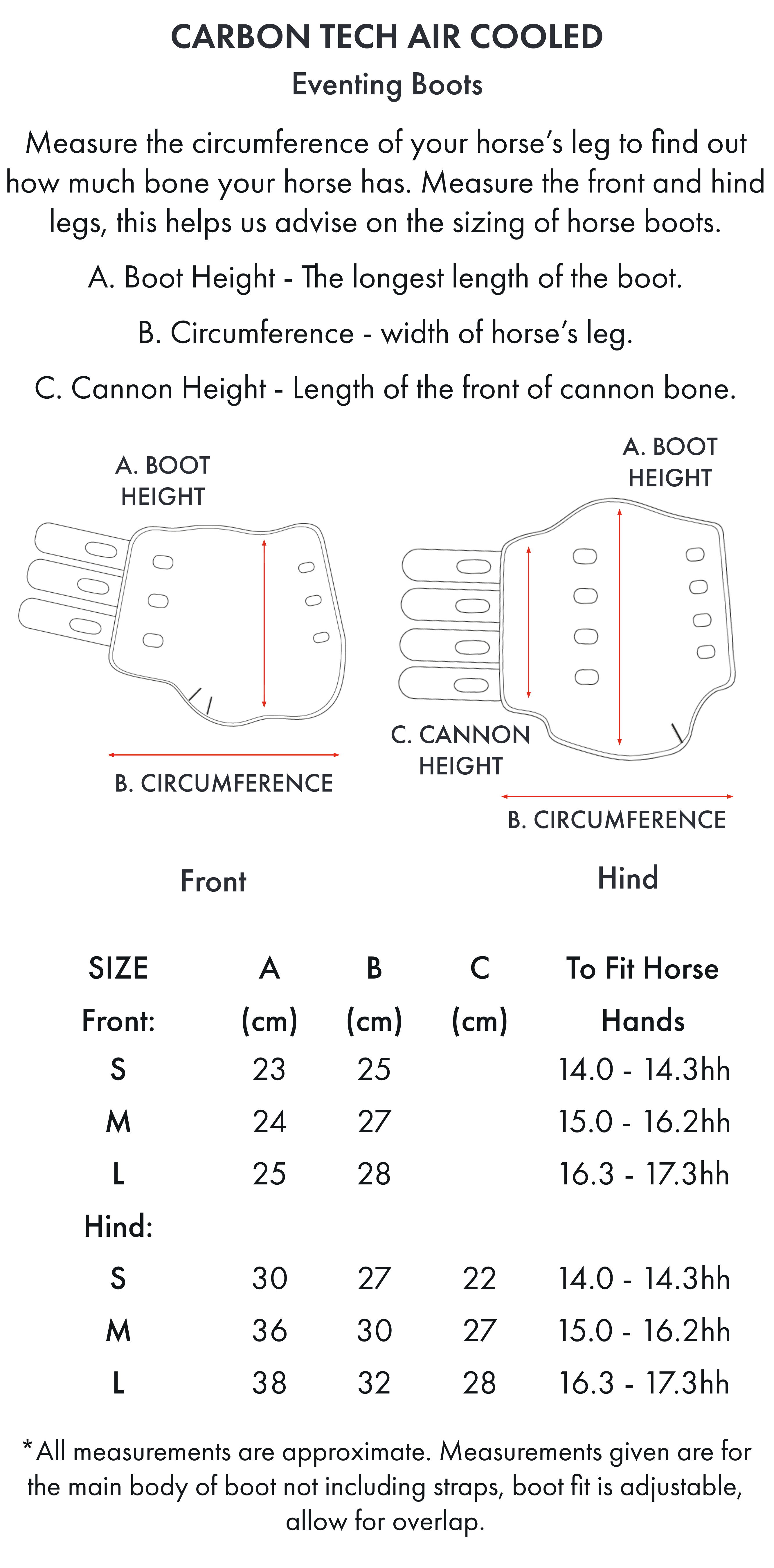 Premier Equine Carbon Tech Air Cooled Eventing Boots-Front – Size chart