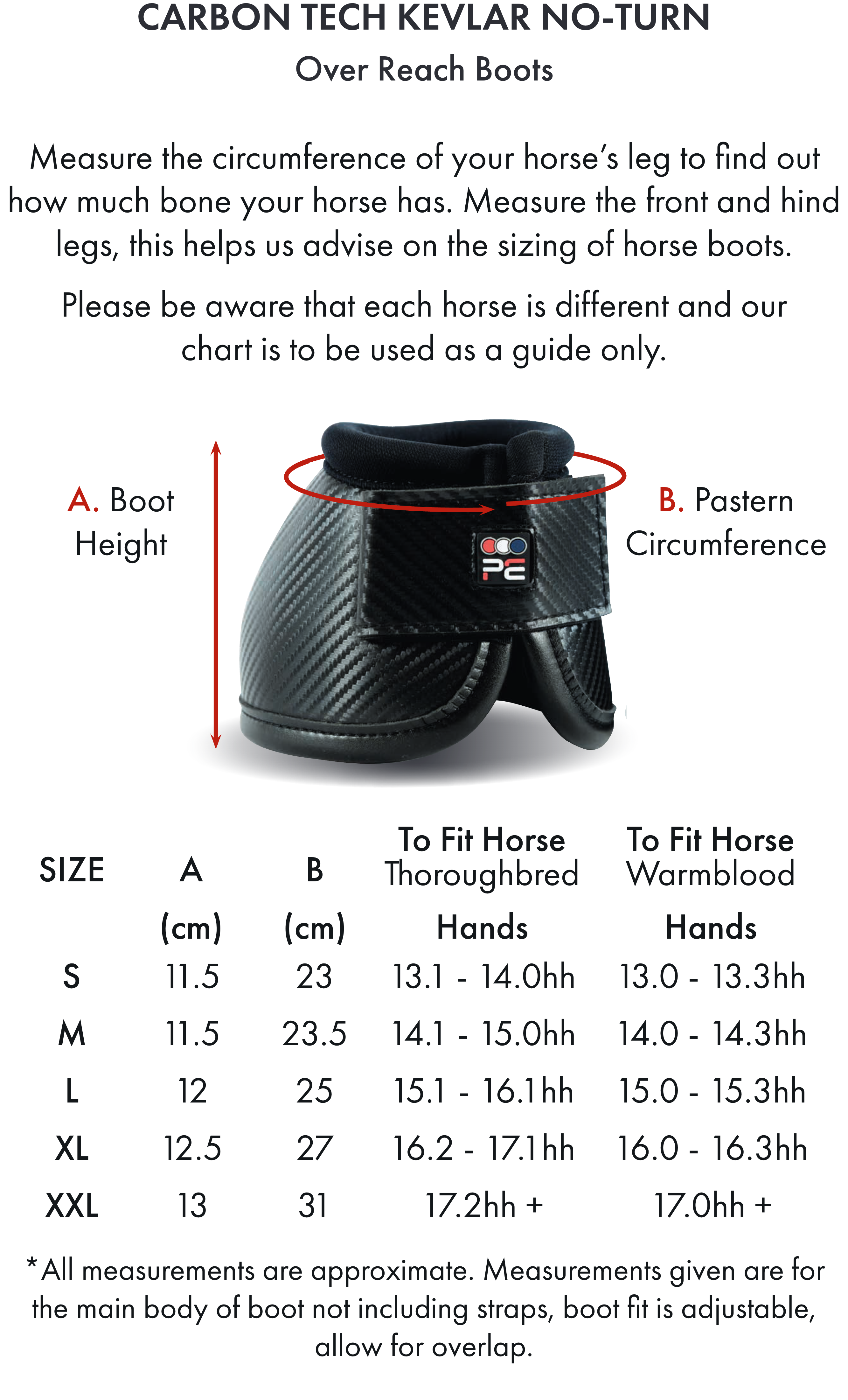 Premier Equine Carbon Tech Kevlar No-Turn Over Reach Boots – Size chart