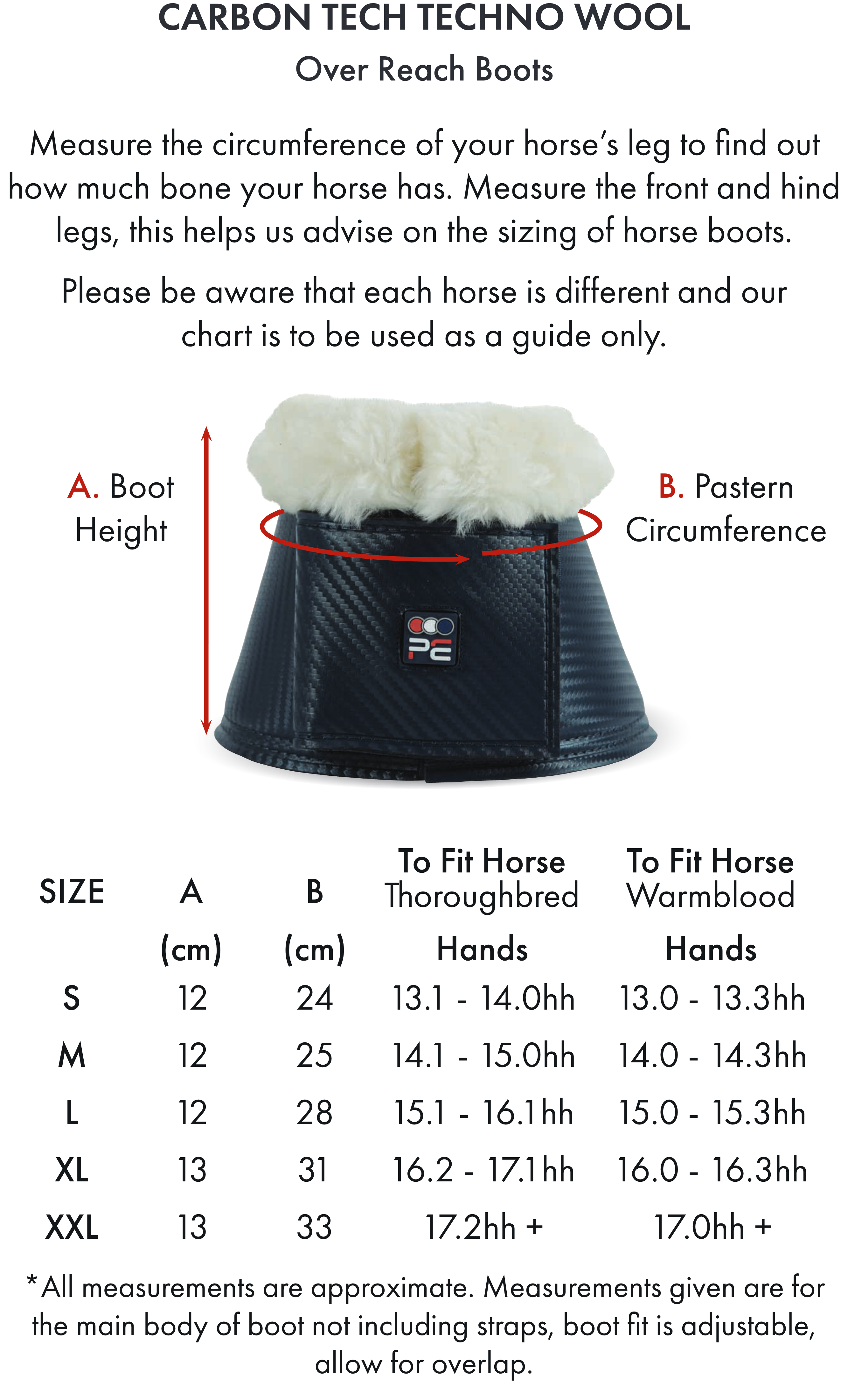 Premier Equine Carbon Tech Techno Wool Over Reach Boots – Size chart