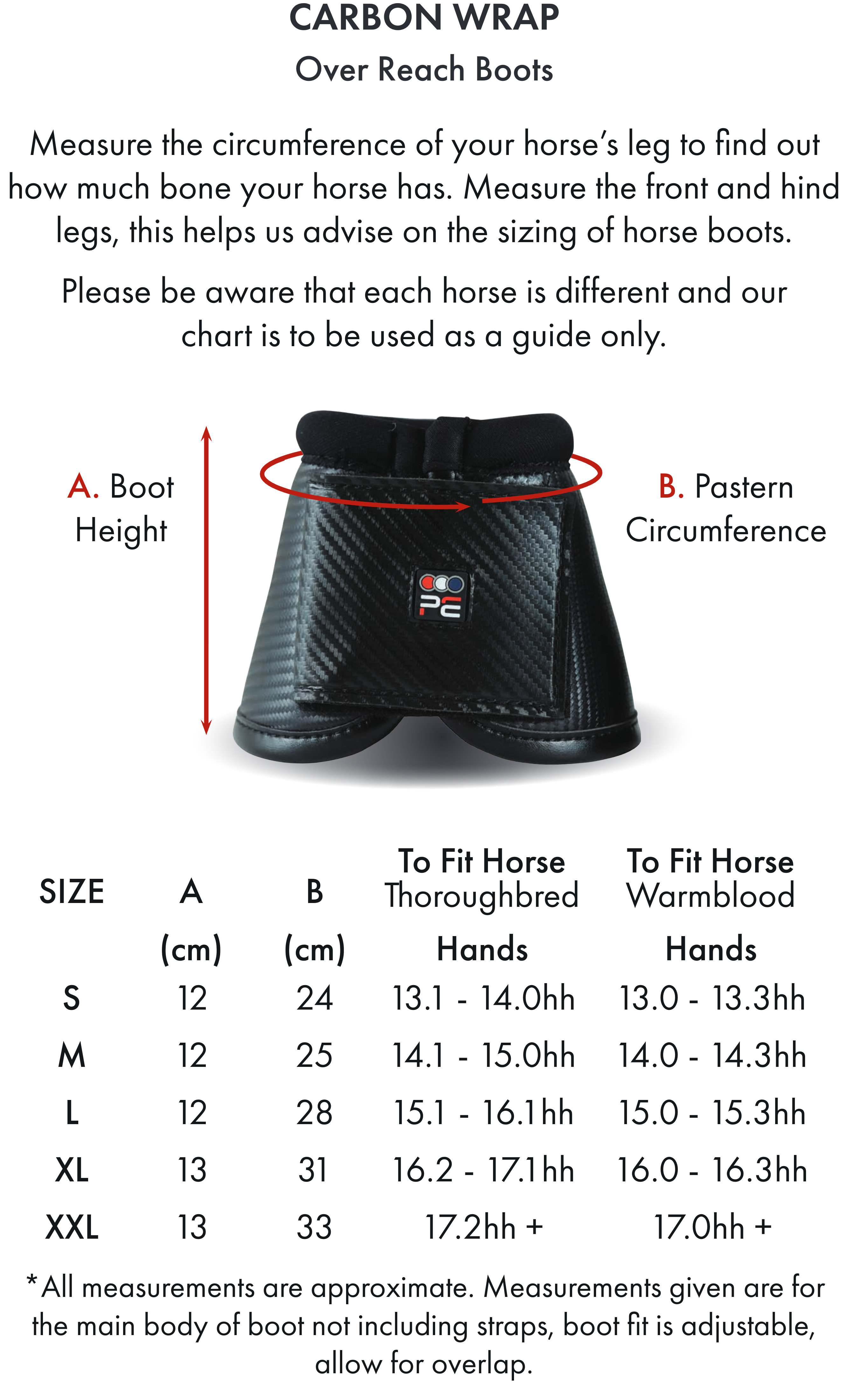 Premier Equine Carbon Wrap Over Reach Boots – Size chart