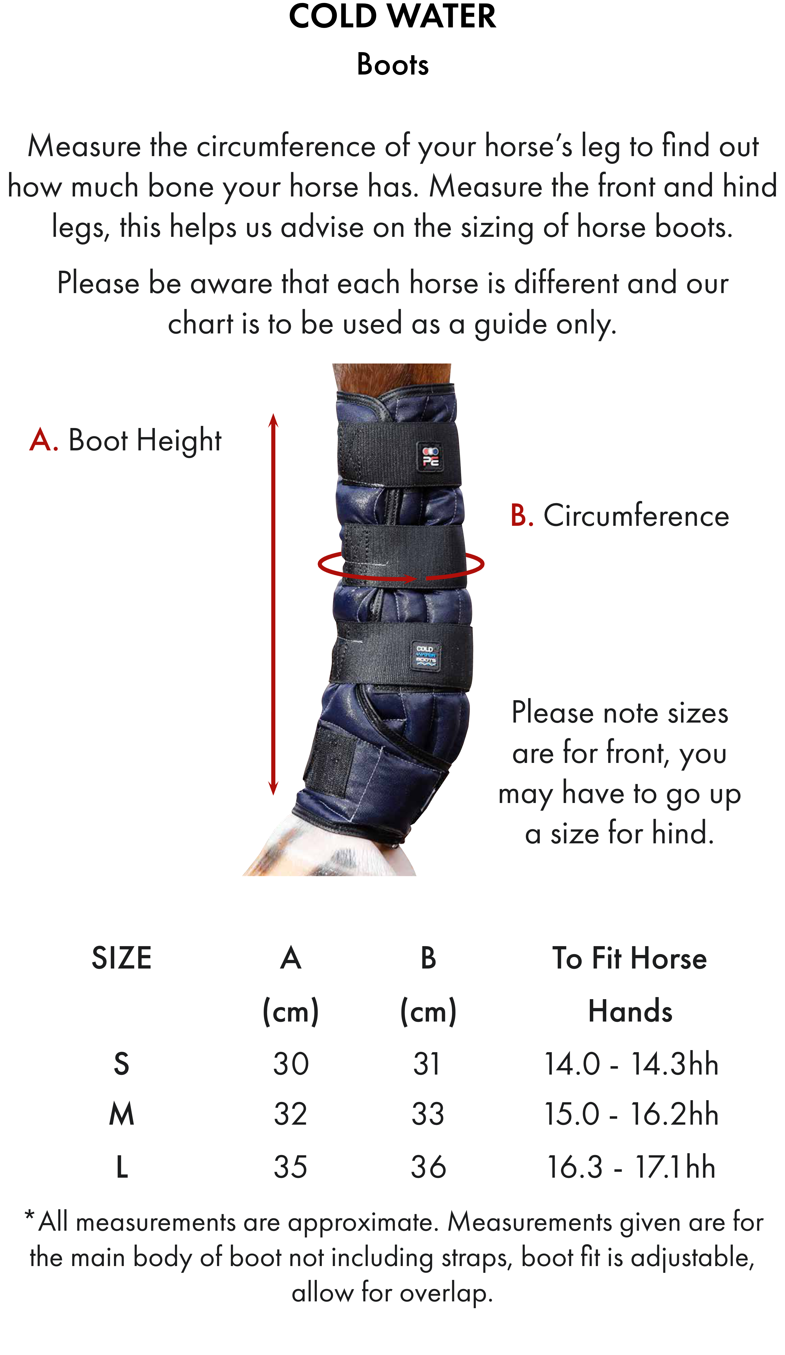 Premier Equine Cold Water Boots – Size chart