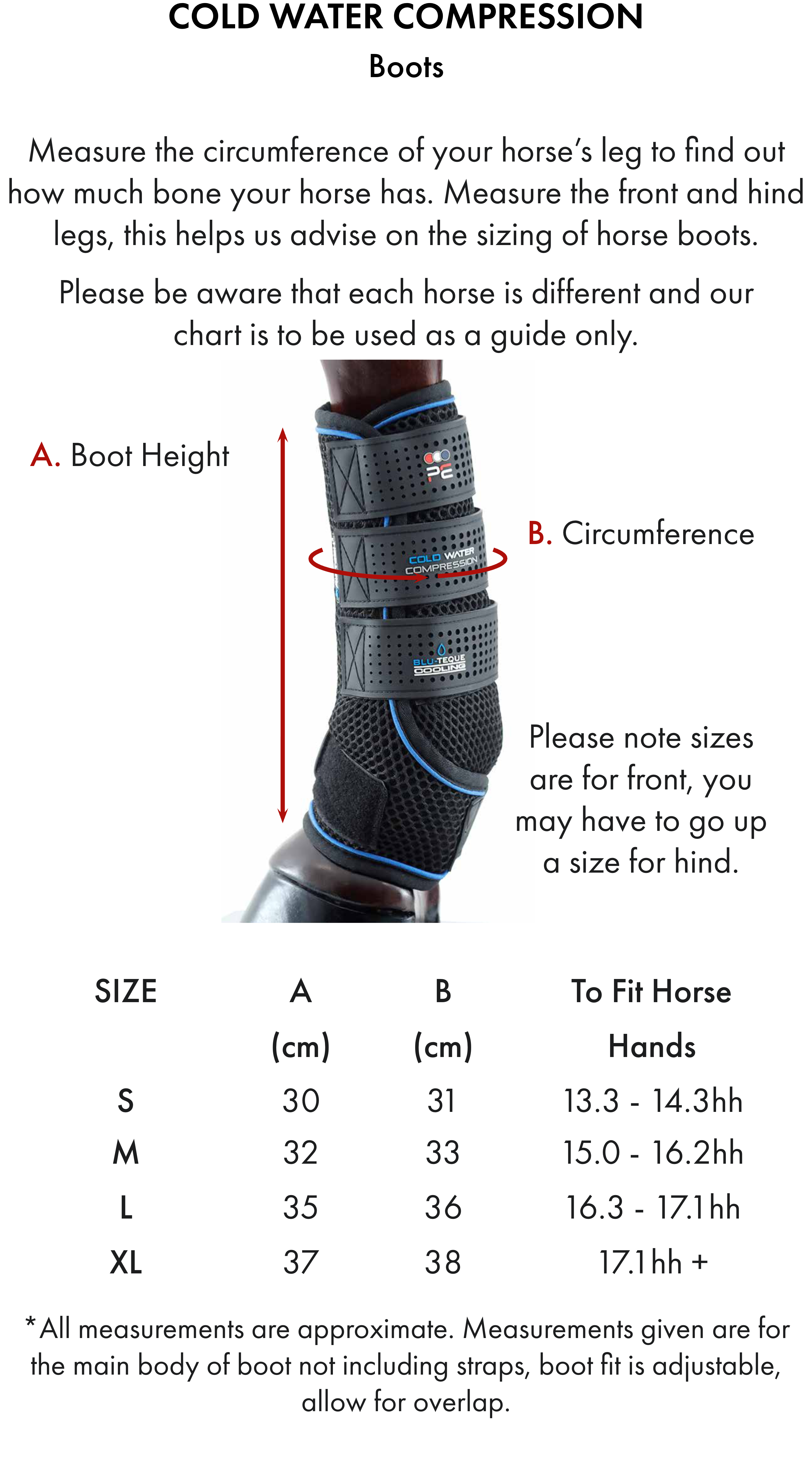 Premier Equine Cold Water Compression Boots – Size chart