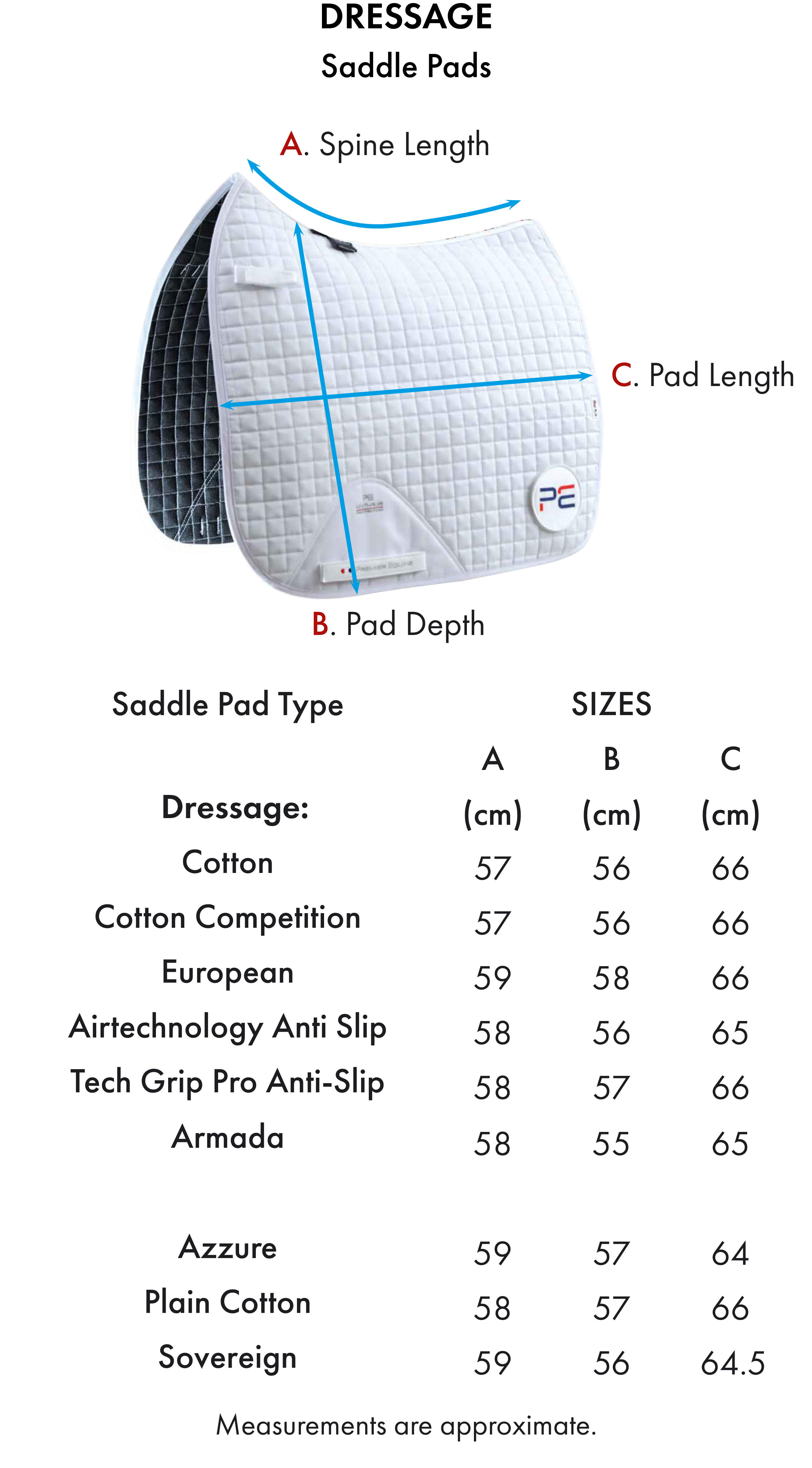 Premier Equine Armada Close Contact Dressage Square – Size chart