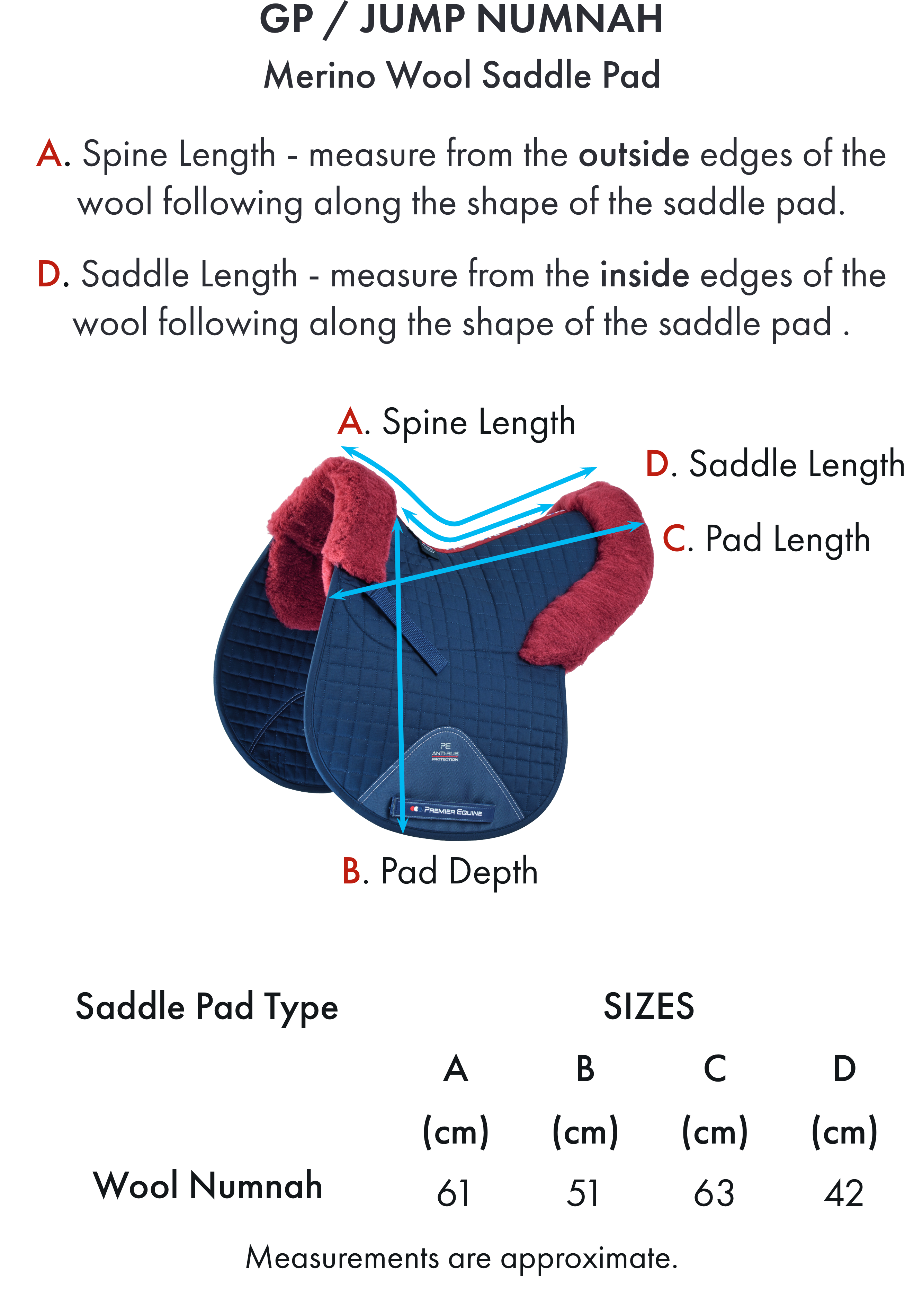 Premier Equine Merino Wool Saddle Pad - GP/Jump Numnah – Size chart