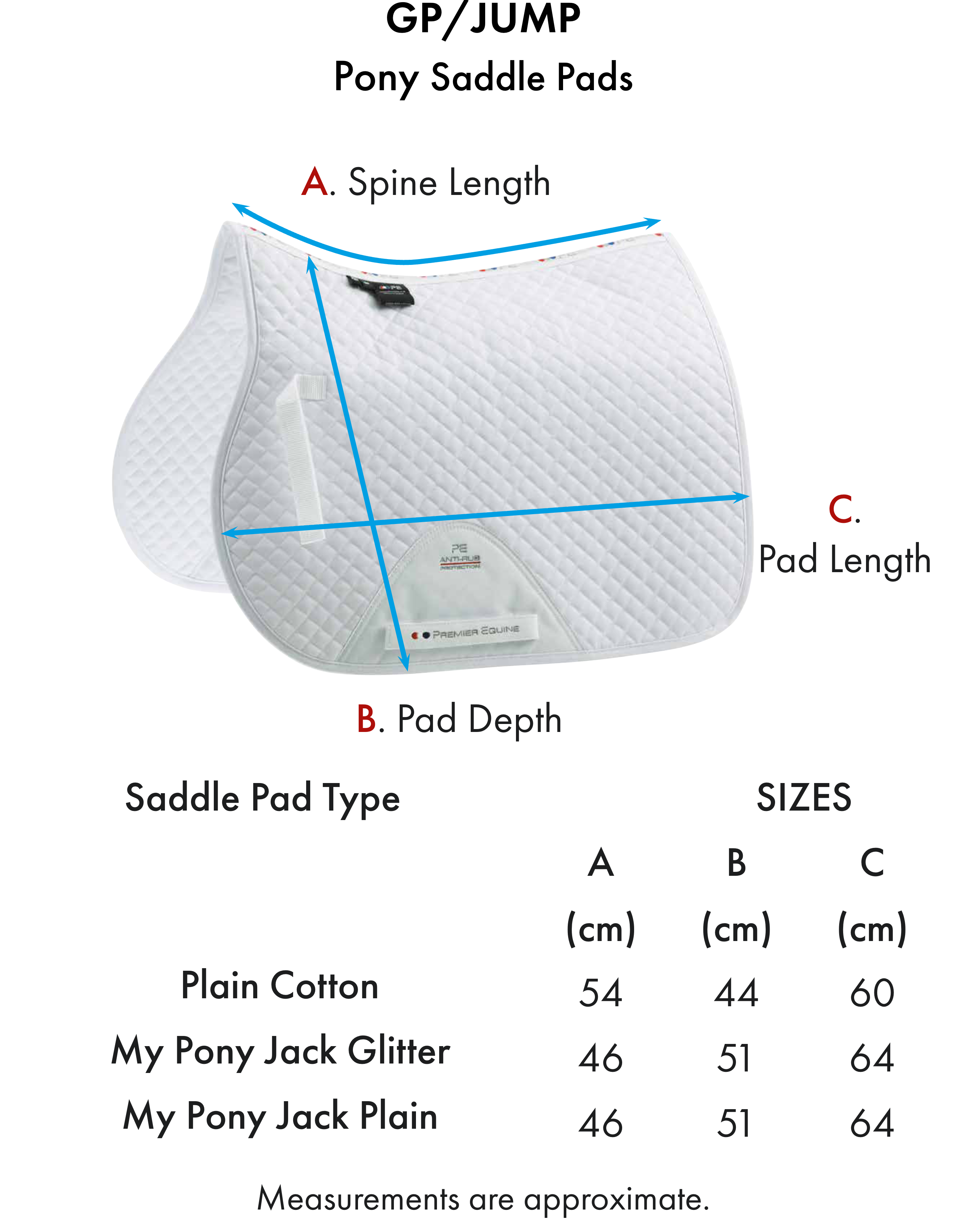 Premier Equine My Pony Jack Cotton GP/Jump Plain Saddle Pad – Size chart