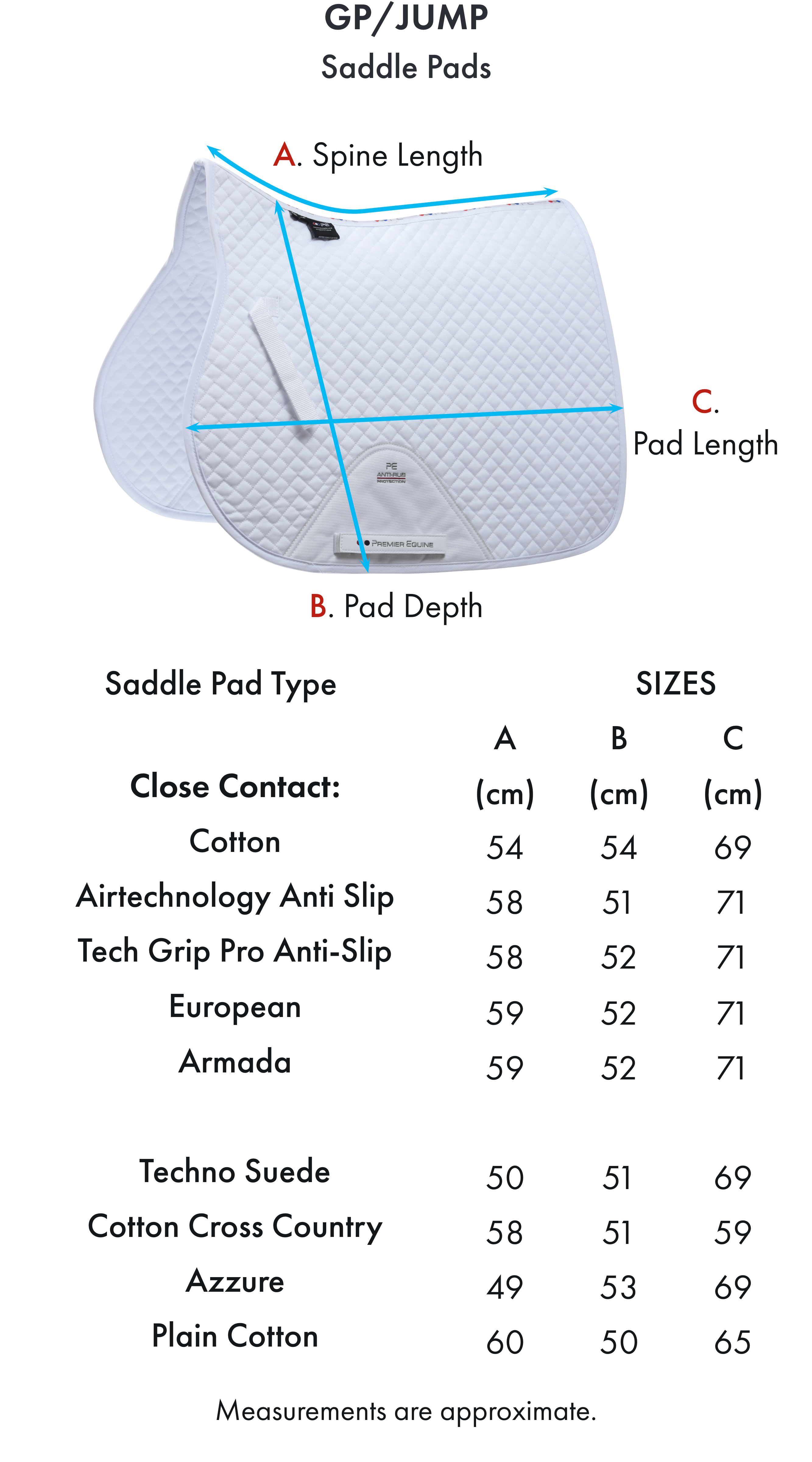 Premier Equine Armada Close Contact GP/Jump Square – Size chart