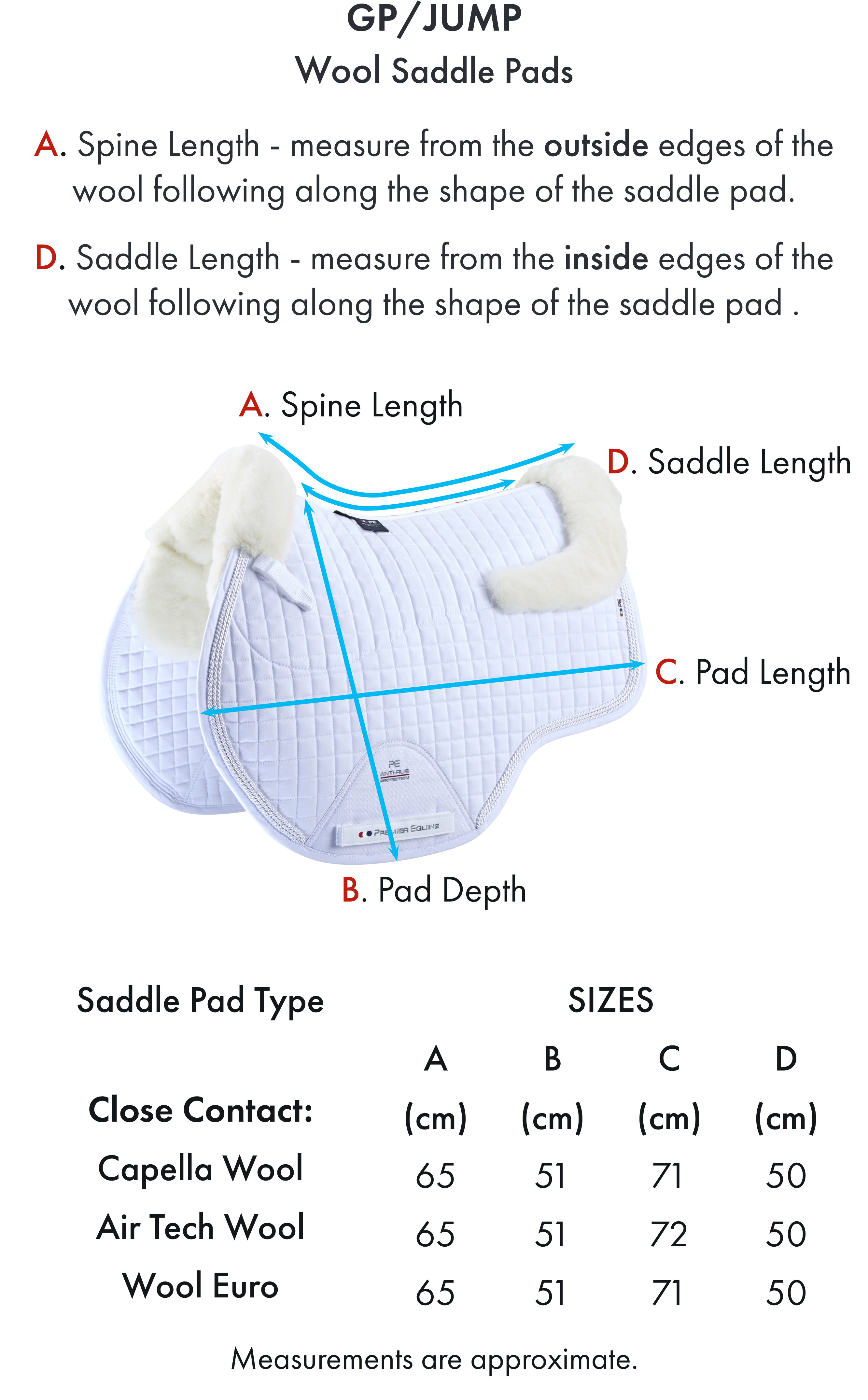 Premier Equine Close Contact Airtechnology Shockproof Wool Saddle Pad - GP/Jump Square – Size chart