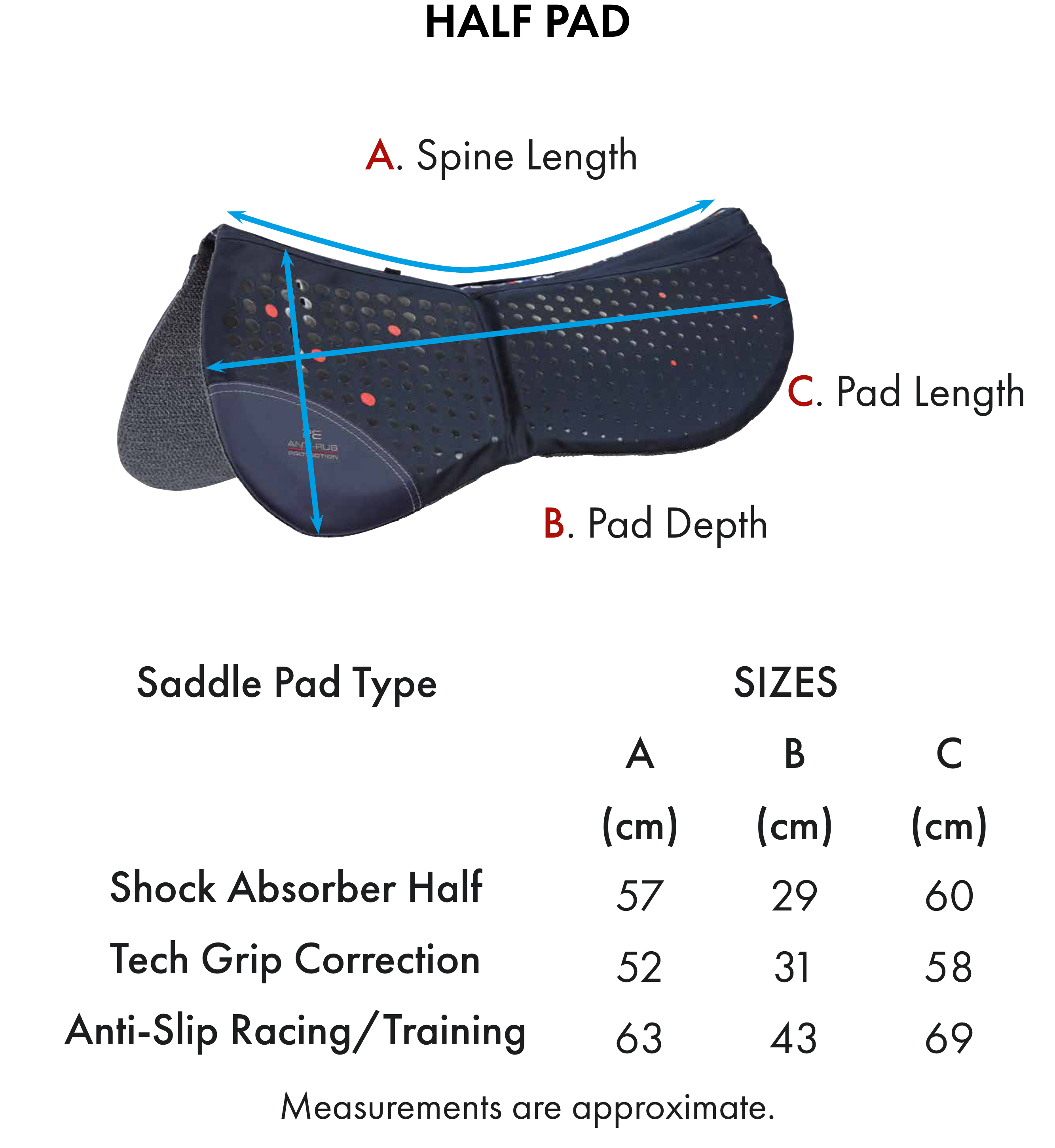 Premier Equine Tech Grip Pro Anti-Slip Correction Saddle Pad – Size chart