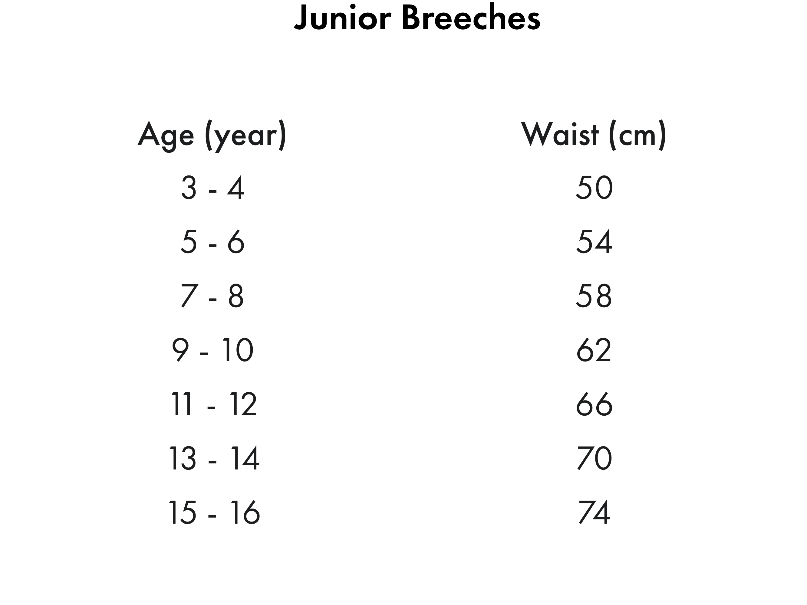Premier Equine Concerto Girls Riding Tights – Size chart