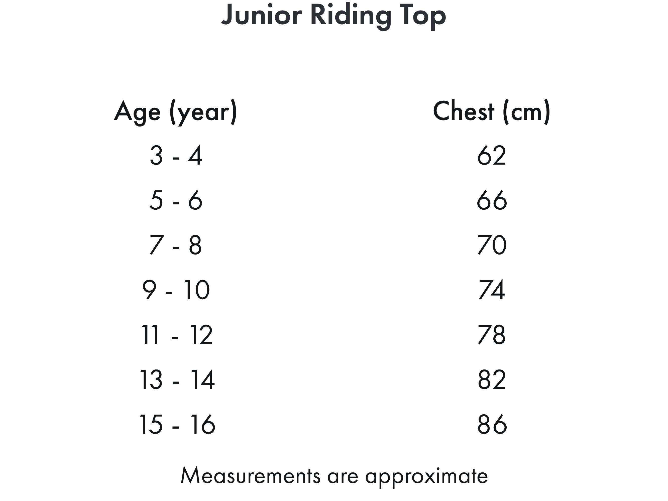 Premier Equine Mini Remisa Girl's Technical Short Sleeve Riding Top – Size chart