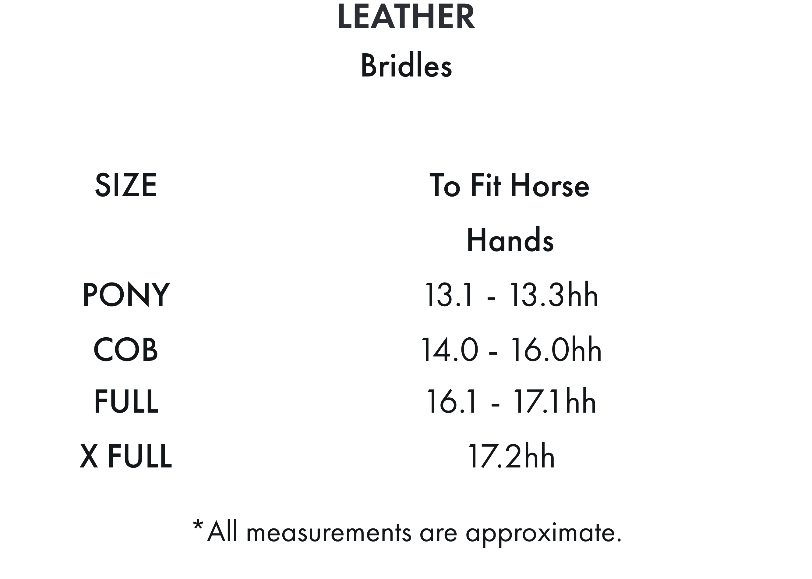 Premier Equine Glorioso Grackle Bridle – Size chart