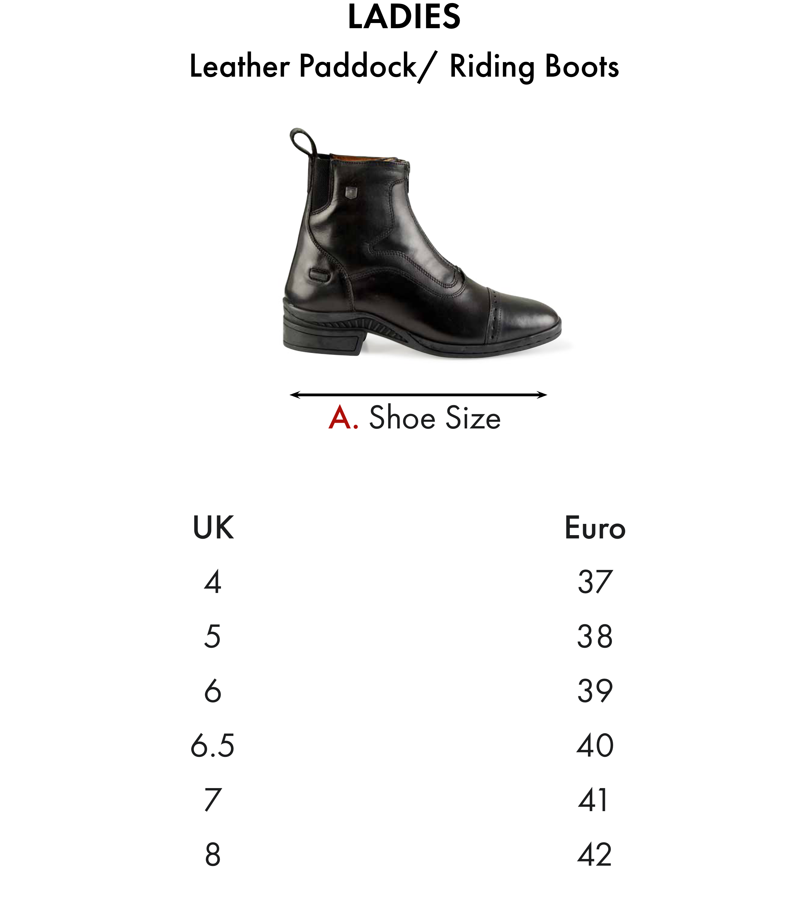 Premier Equine Denver Ladies Leather Paddock/Riding Boot – Size chart