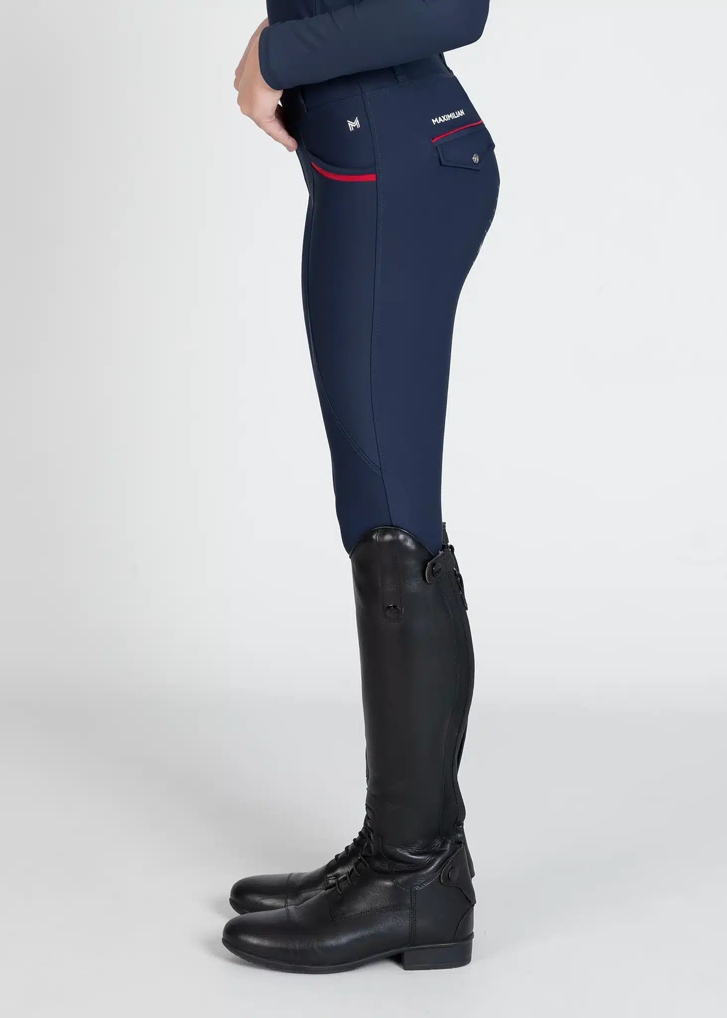 Maximilian Equestrian YR Pro Riding Leggings (Navy/Red) by Maximilian Equestrian at  Try a Bit