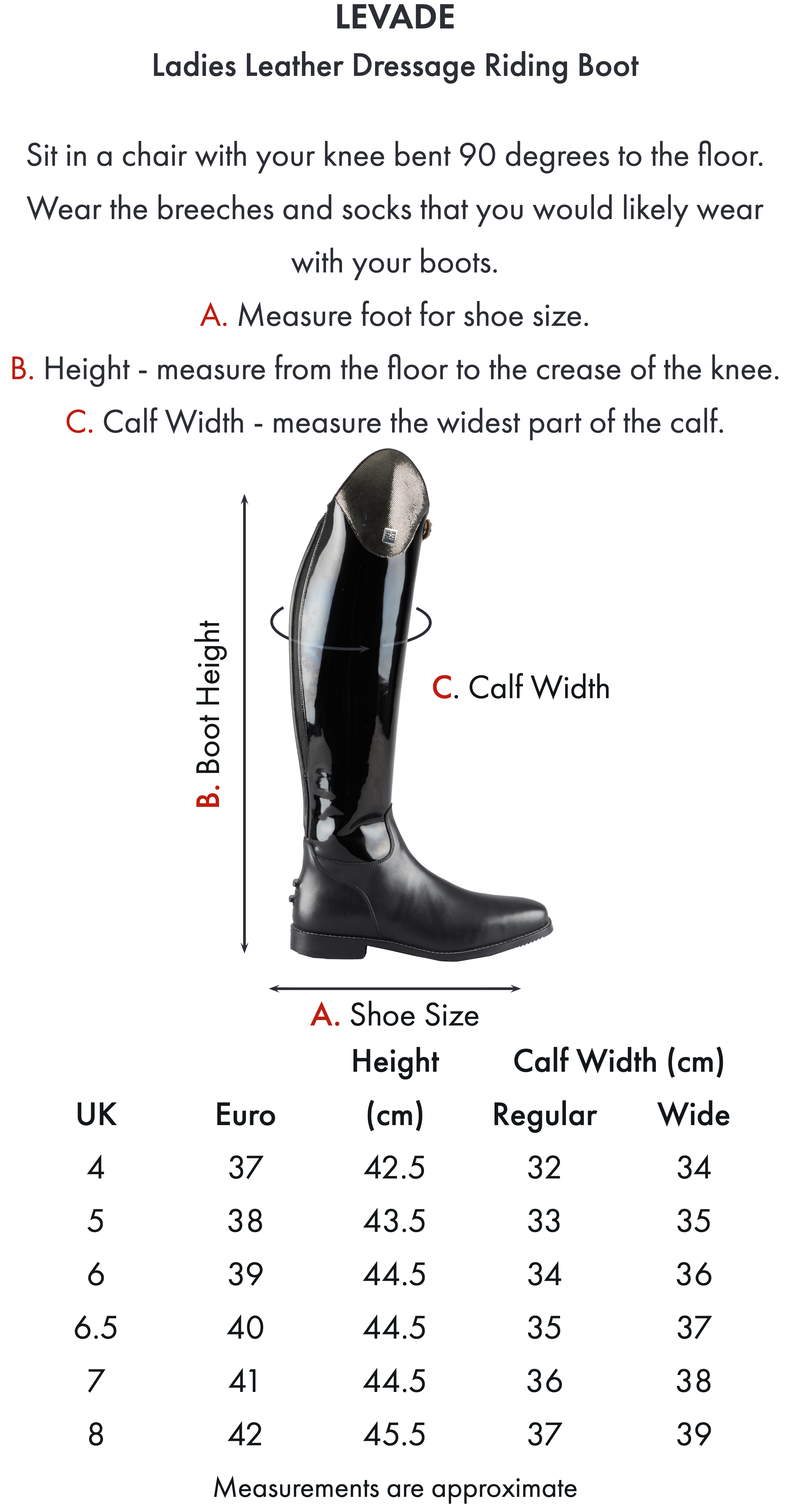Premier Equine Levade Ladies Leather Dressage Riding Boot – Size chart