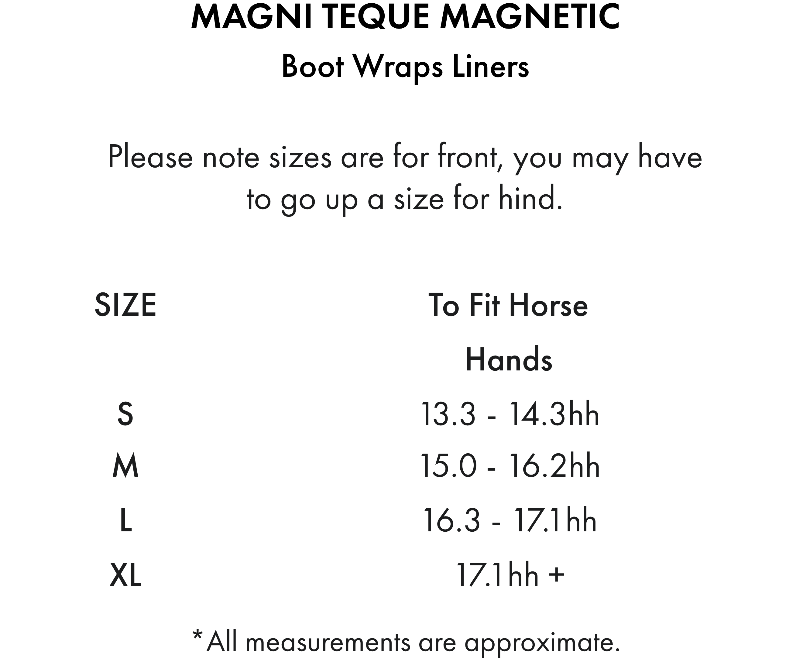 Premier Equine Magni-Teque Boot Wrap Liners (Spares) – Size chart
