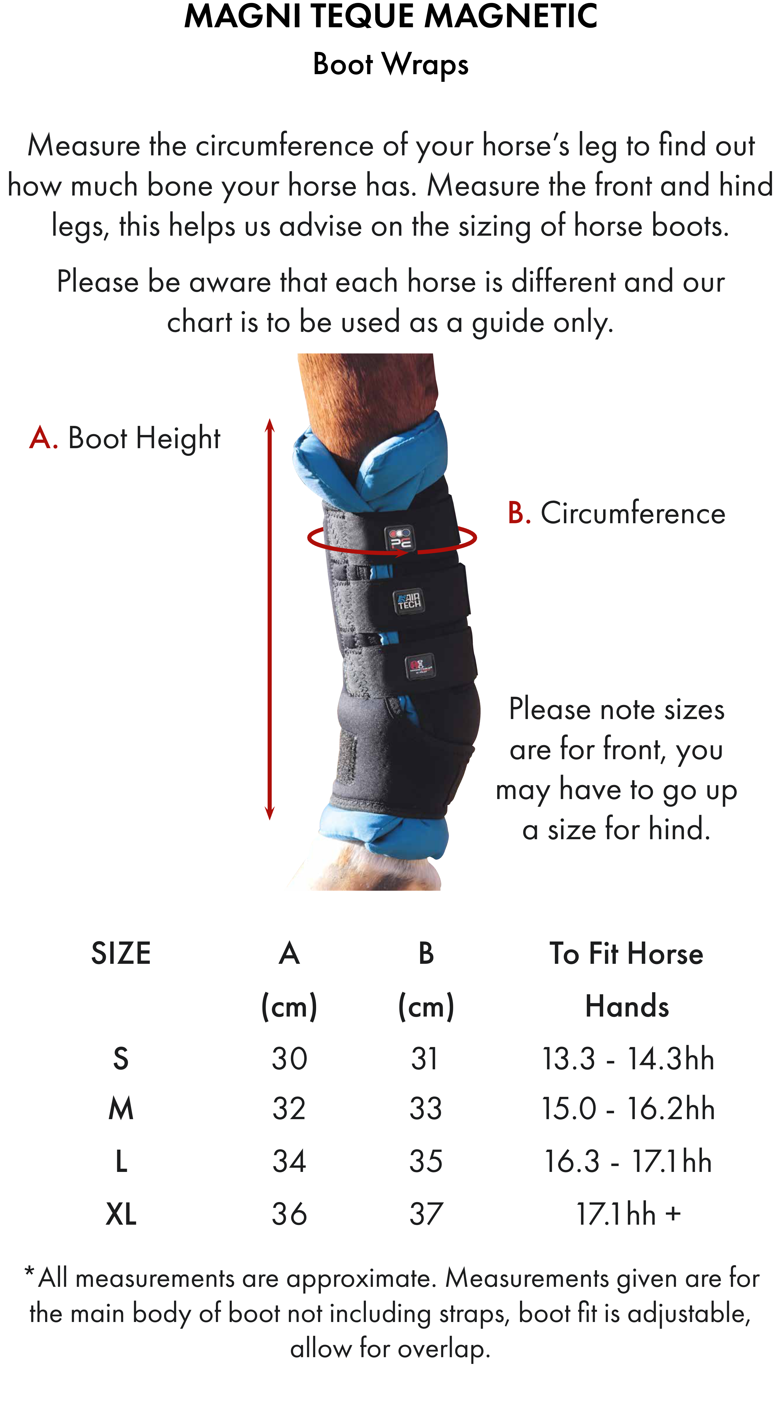 Premier Equine Magni-Teque Magnetic Boot Wraps Inc. Liners – Size chart