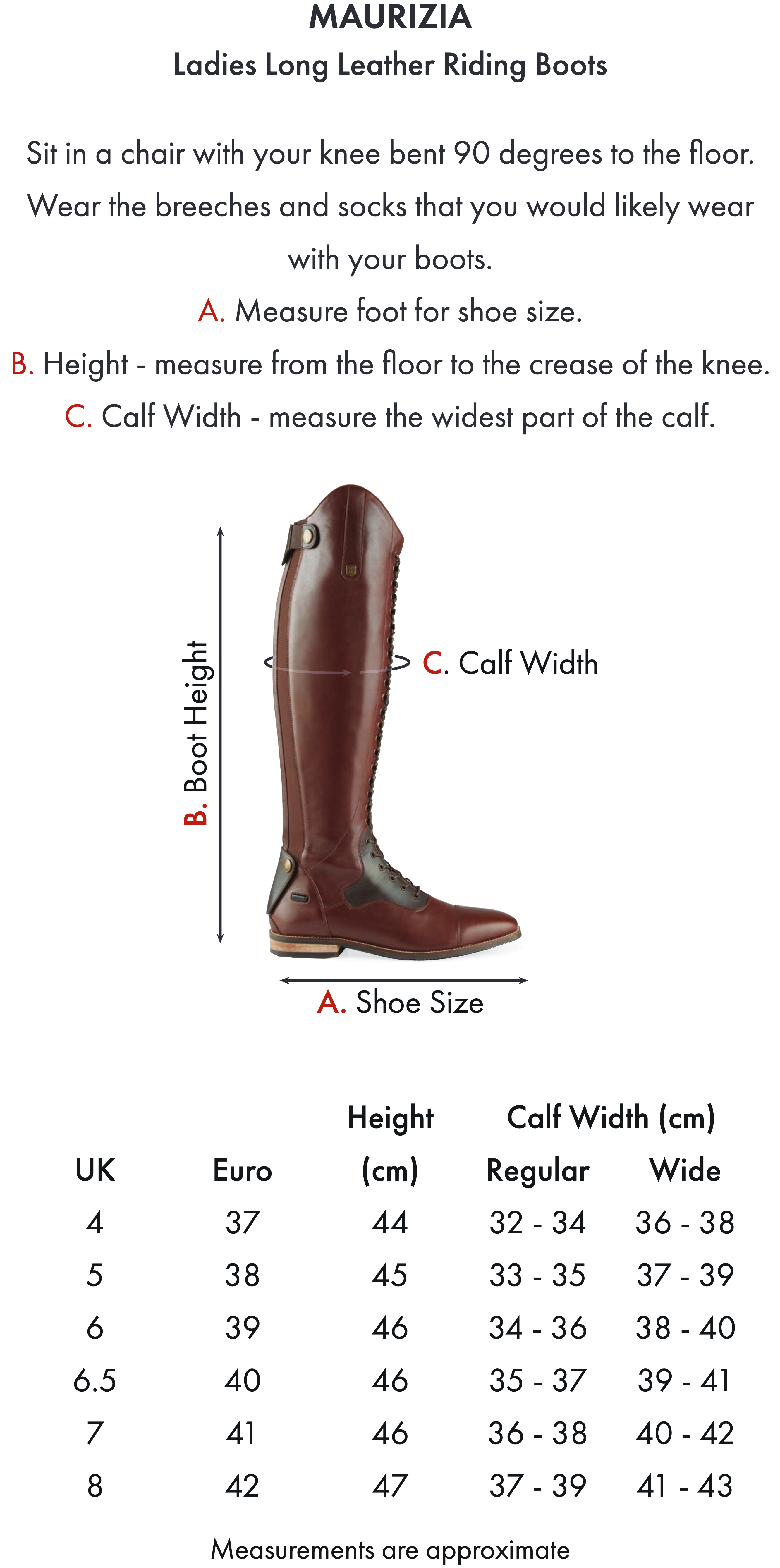 Premier Equine Maurizia Ladies Lace Front Tall Leather Riding Boot – Size chart