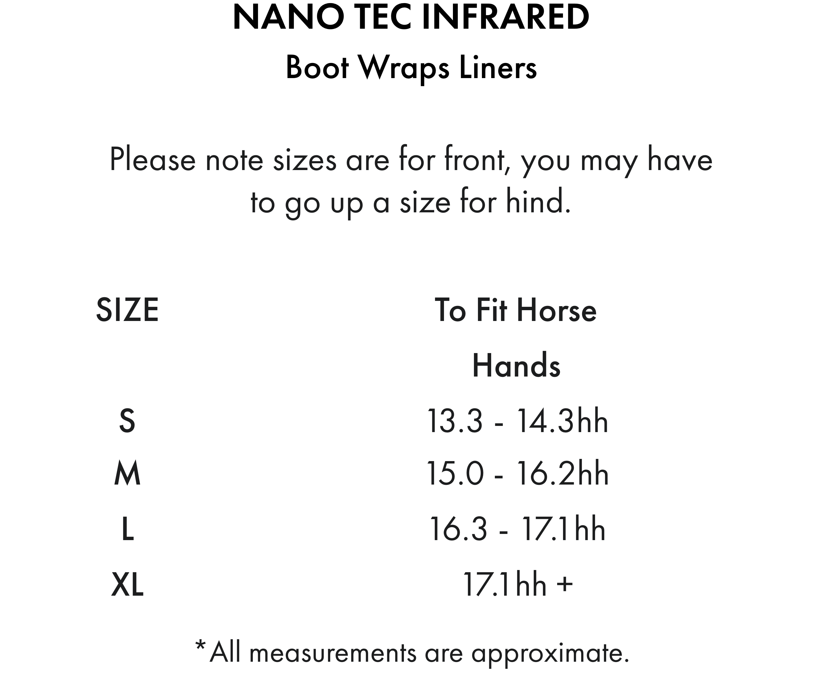 Premier Equine Nano-Tec Infrared Boot Wrap Liners (Spares) – Size chart