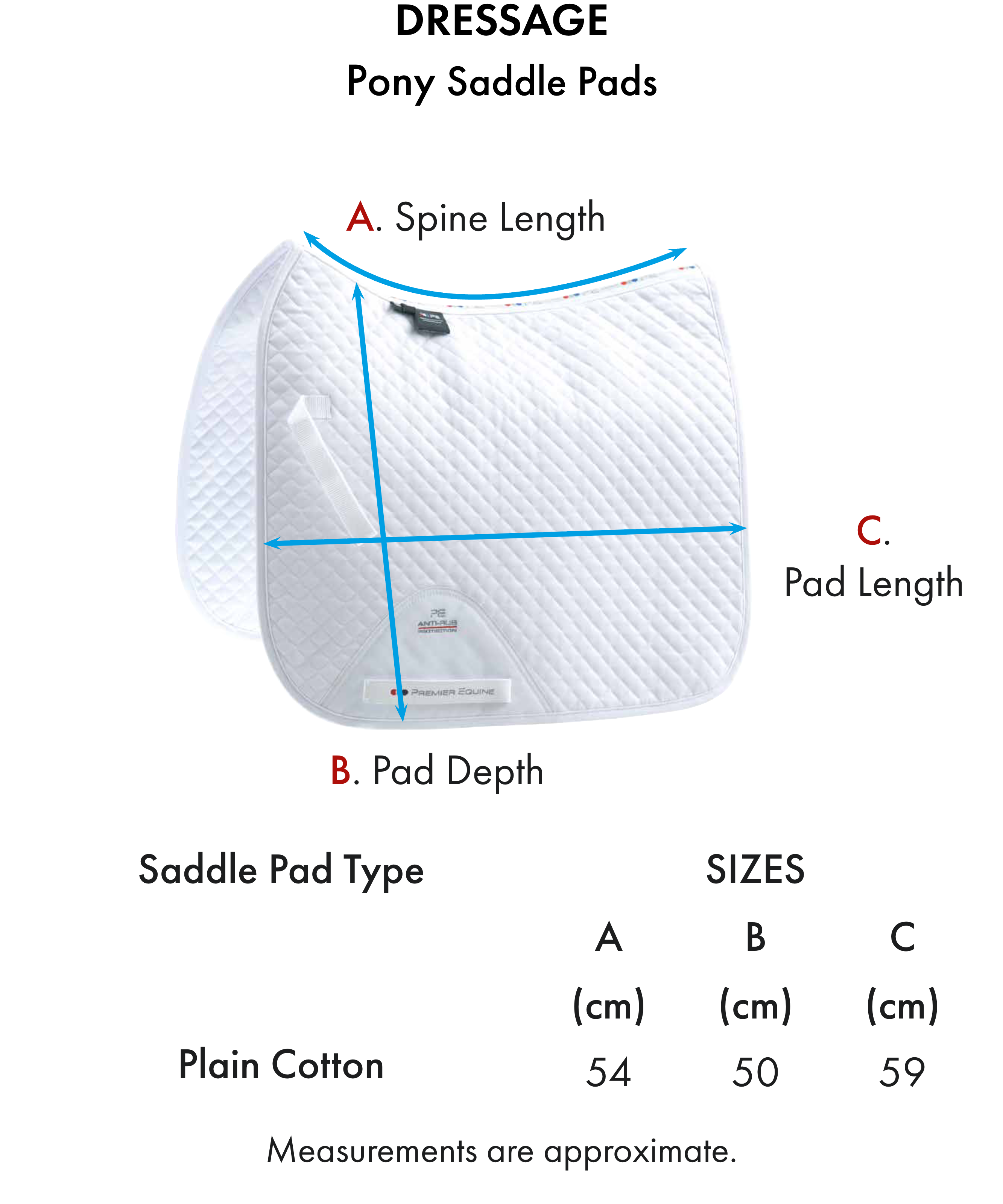 Premier Equine Pony Plain Cotton Dressage Square – Size chart