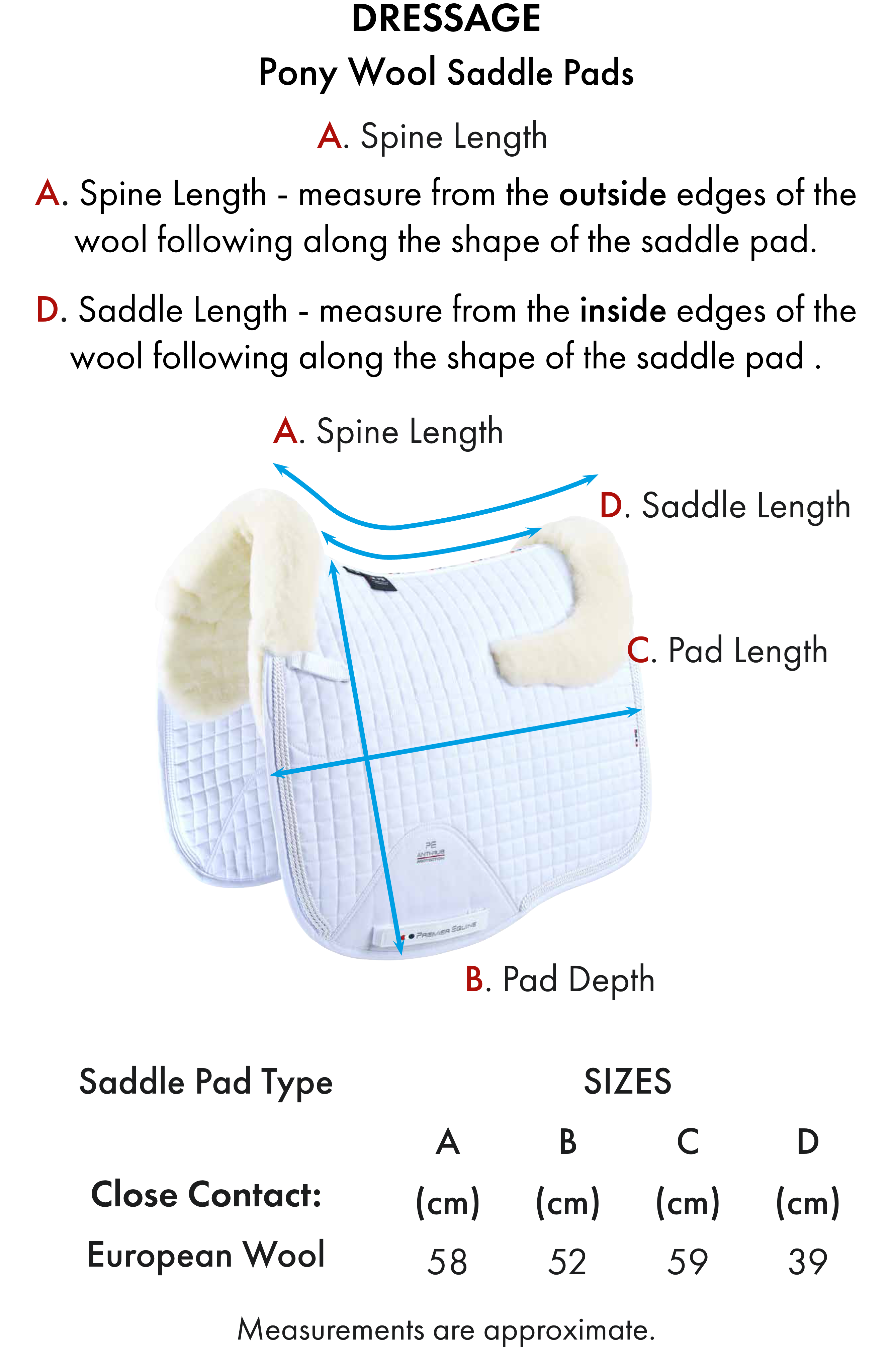 Premier Equine Pony Close Contact Merino Wool Half Lined European Dressage Square – Size chart