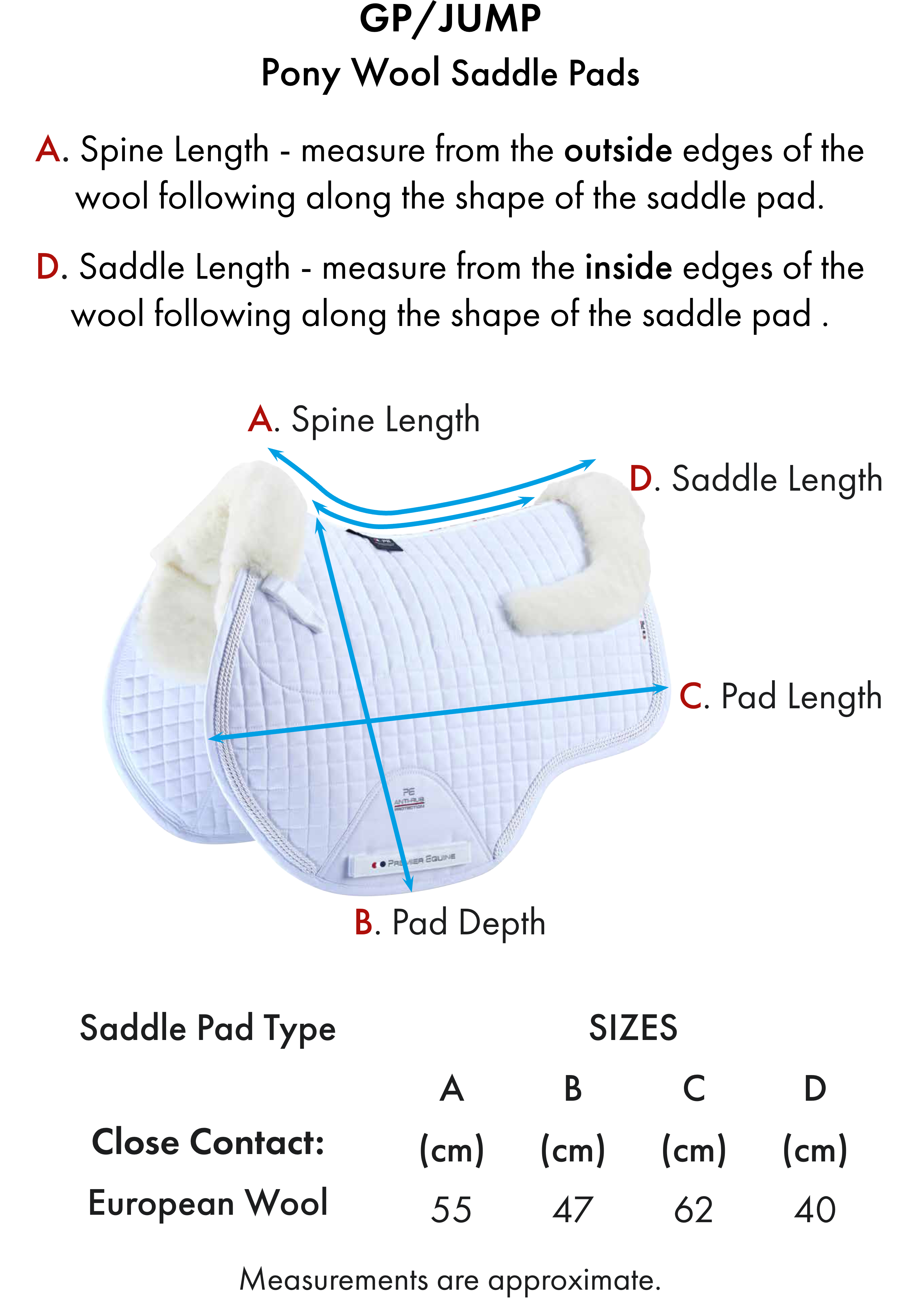 Premier Equine Pony Close Contact Merino Wool Half Lined European GP/ Jump Square – Size chart
