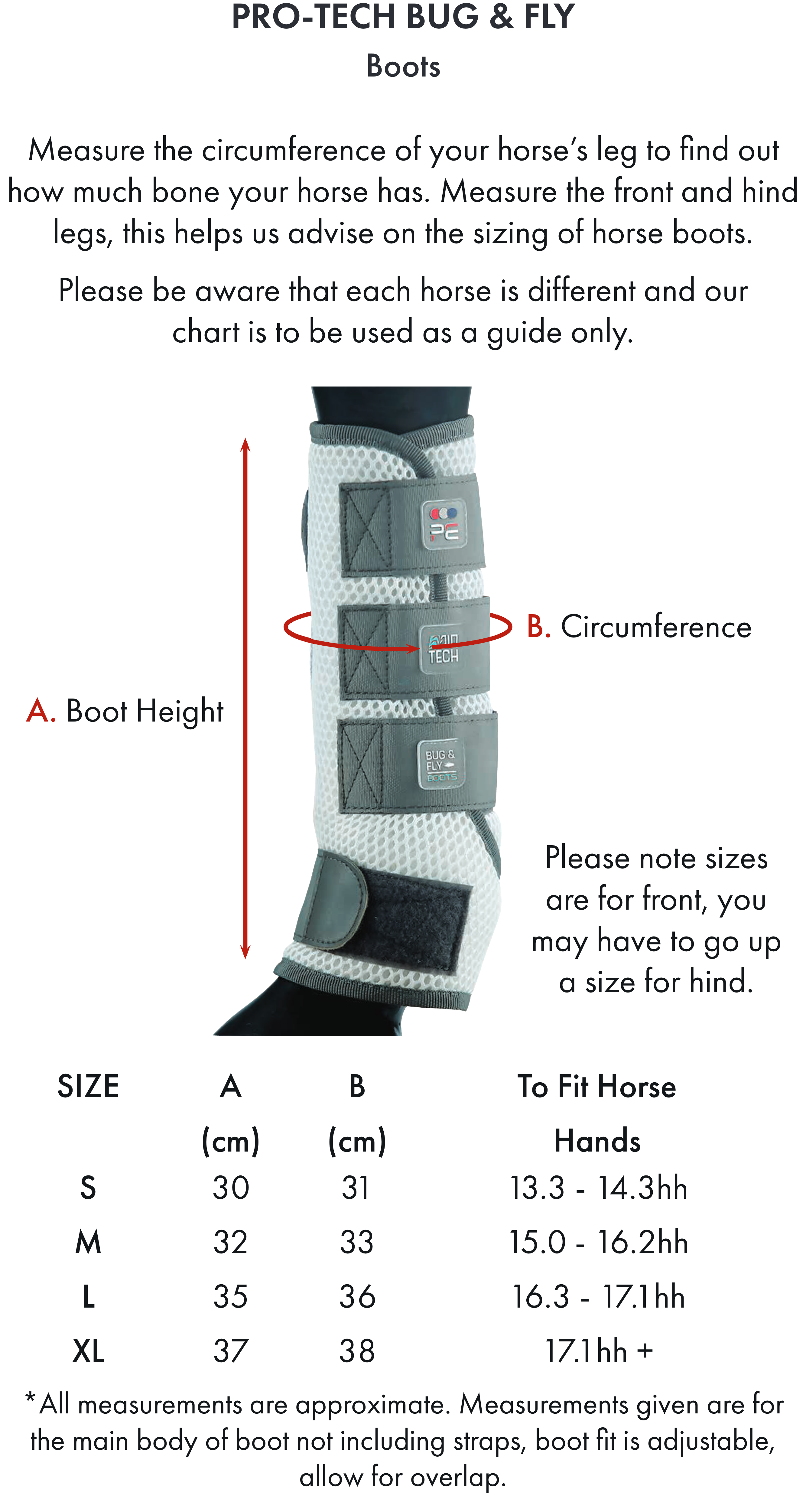 Premier Equine Pro-Tech Bug & Fly Boots – Size chart